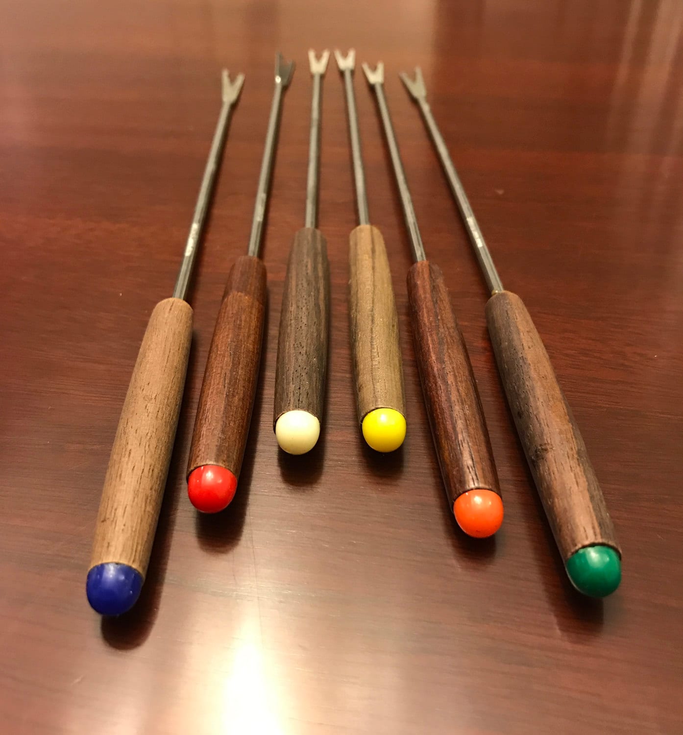 Oster Fondue Forks, Teakwood and stainless steel with Color Dots