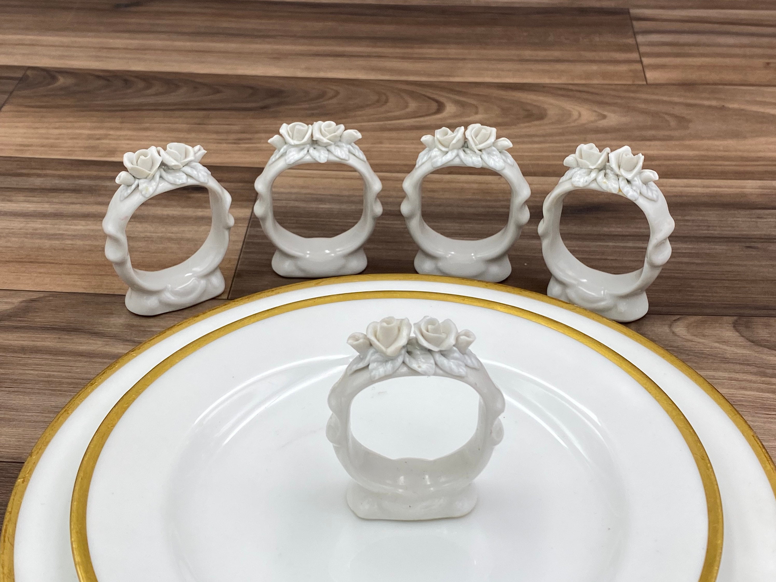 White Rose Porcelain Napkin Rings, Set of 6 Made in Germany, Vintage