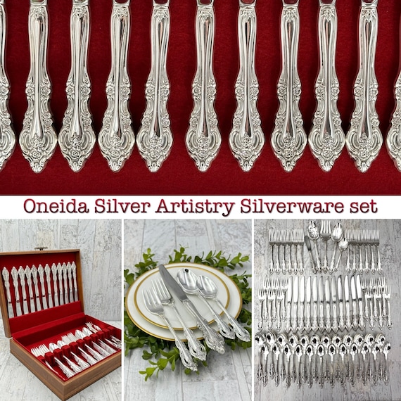 Oneida Community Silver Artistry Flatware set with silverware chest, service for 12 with serving pieces, Pierced scroll handle