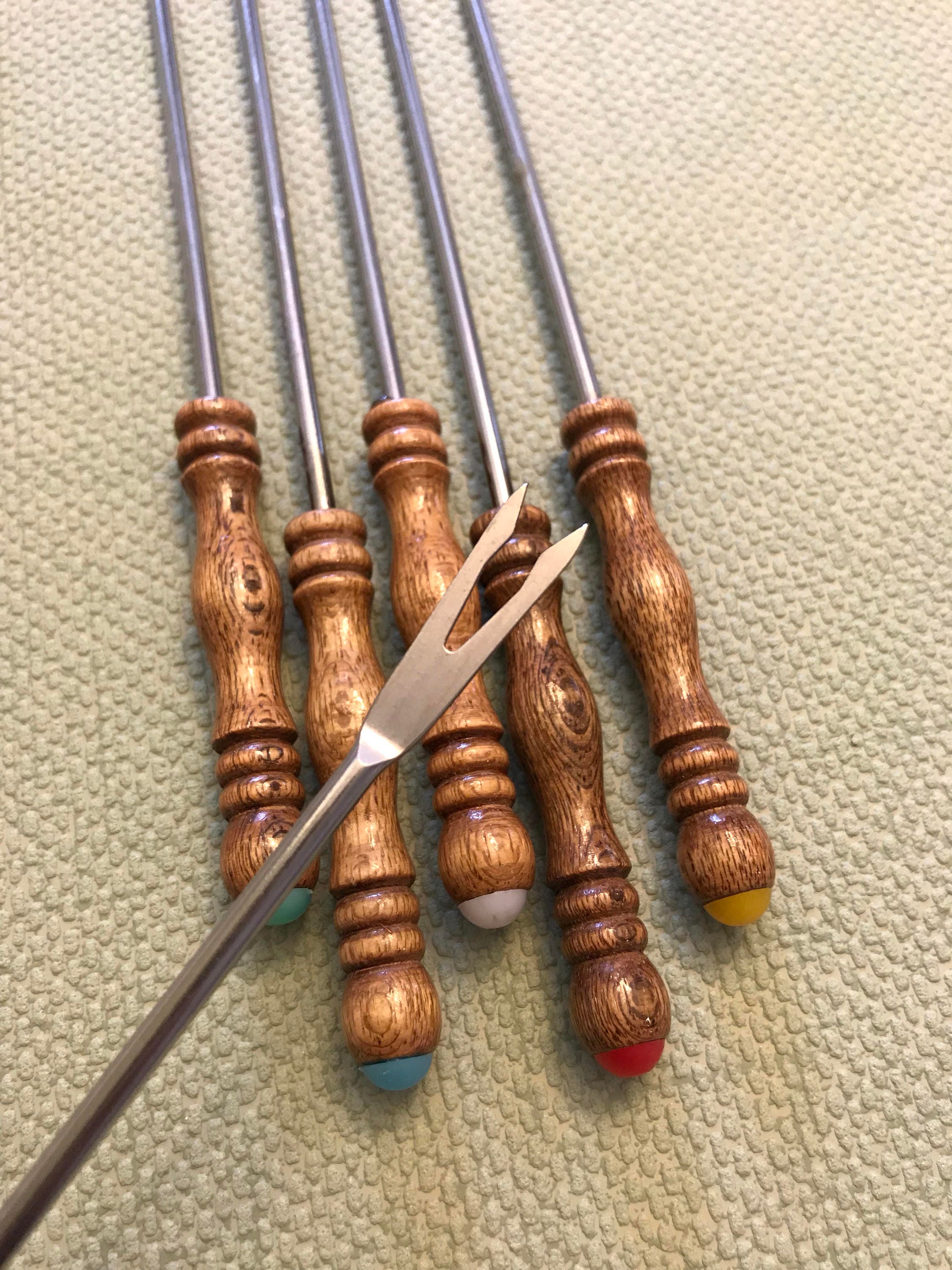 Vintage Fondue Forks, Turmed Wood Handles, stainless steel with Color