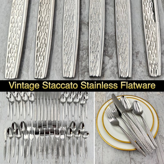 Vintage Stainless Flatware set, Staccato by Haddon Hall textured handle MCM Flatware Silverware set Excellent Condition