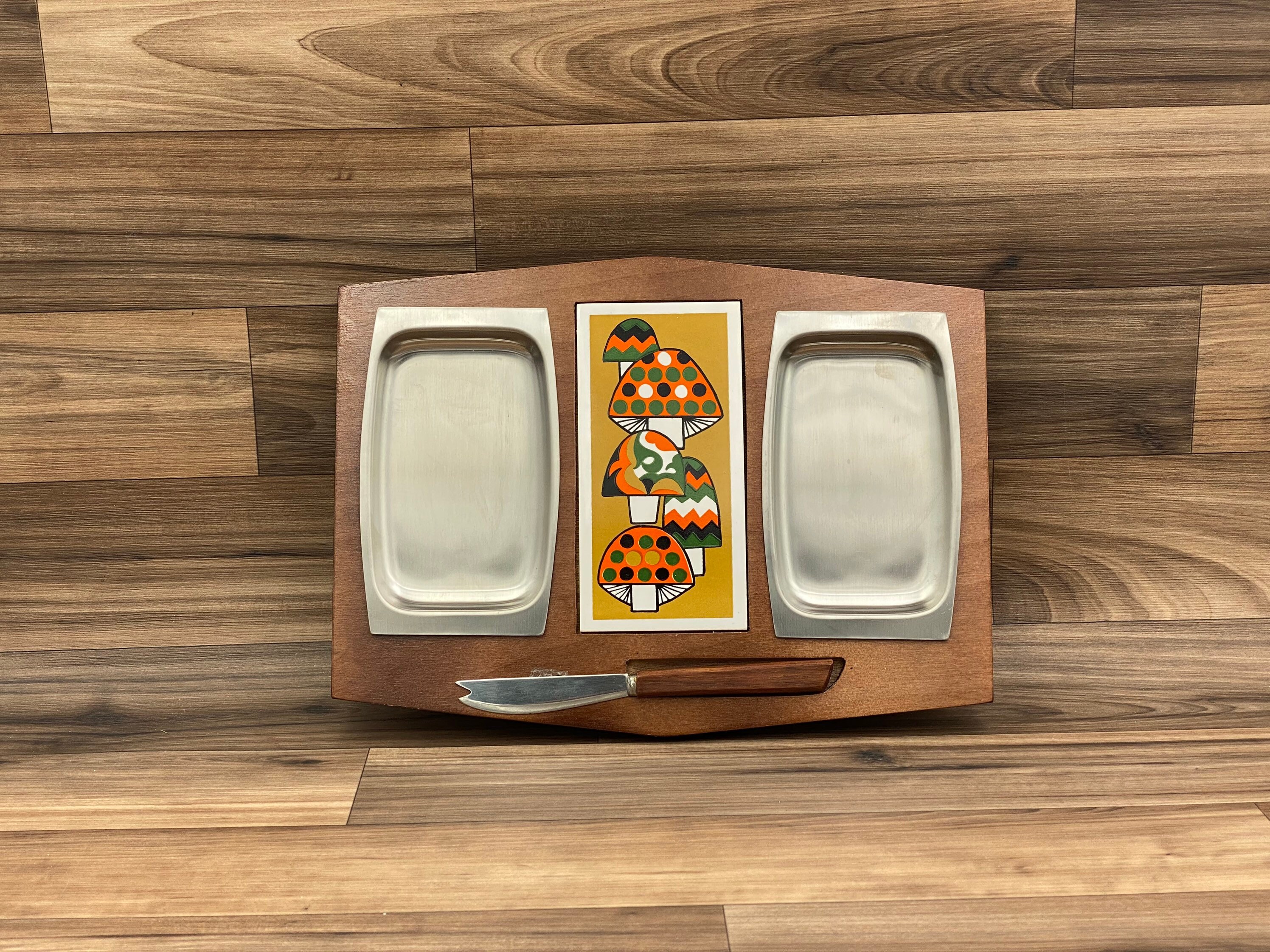 Retro Wood Tray Cheese board with Stainless inserts, Mushroom tile Cutting board, Party Serving