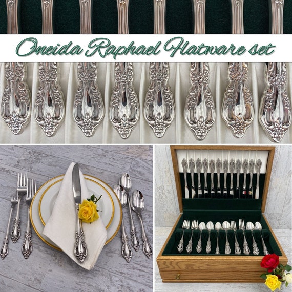 Vintage Flatware Set Oneida Raphael Distinction Deluxe Stainless Silverware, Service for 12 Excellent Condition, Wedding Gift