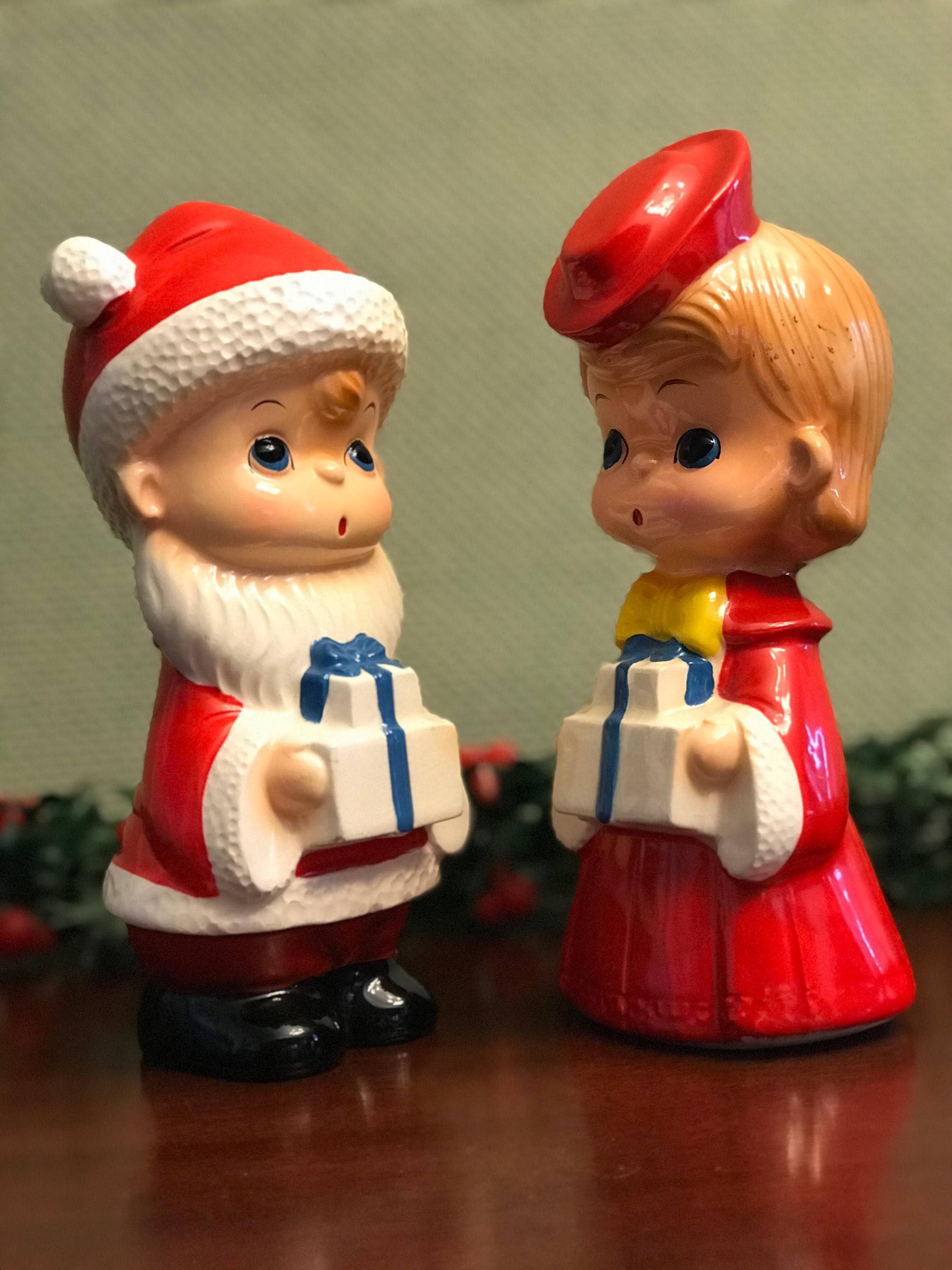 Vintage Christmas Figurines, Little Boy and Girl figurines with gifts