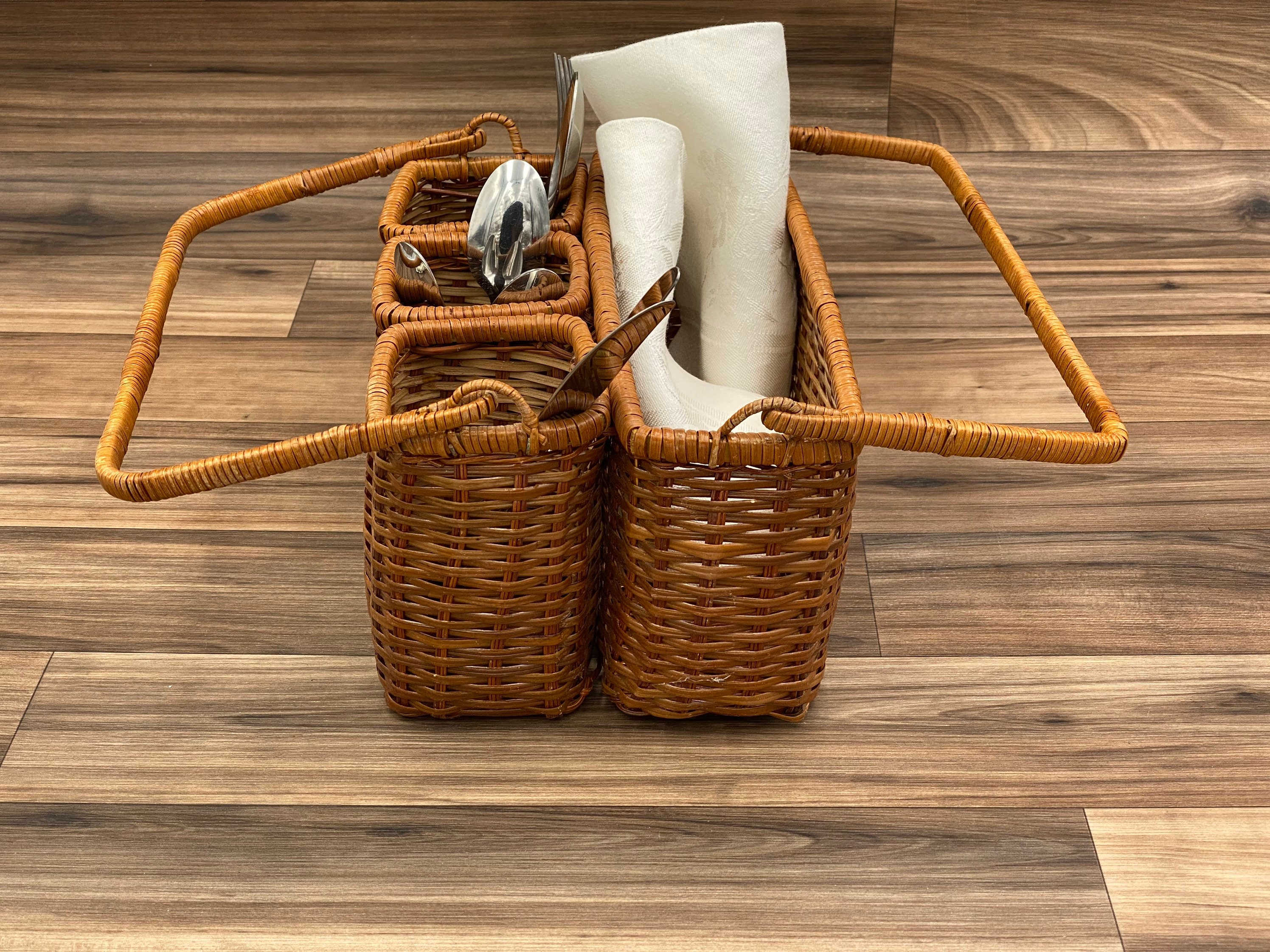 Vintage Flatware caddy, silverware holder, Basket carrying bin, Utensil