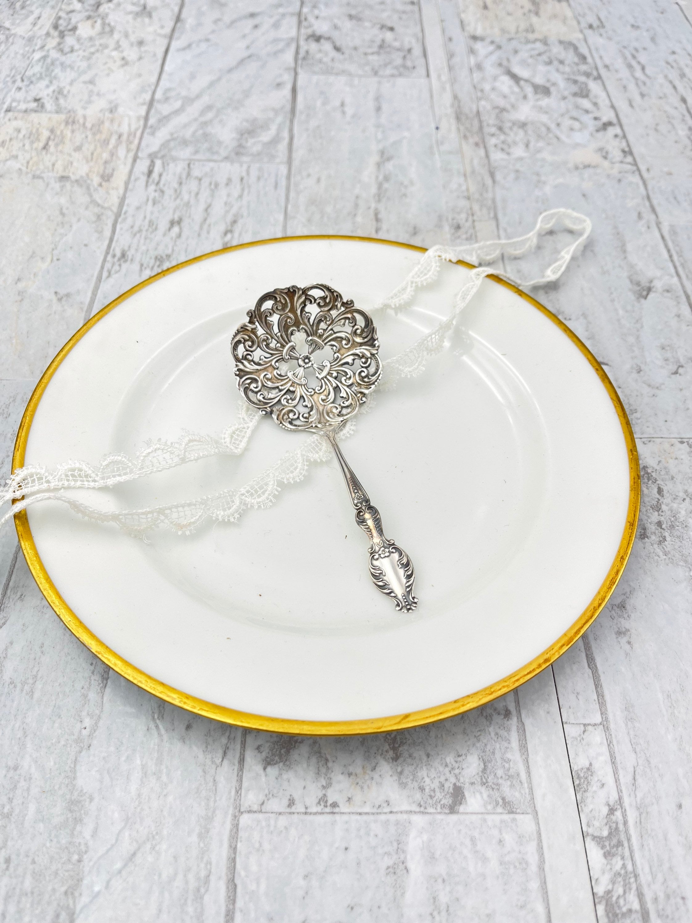 Antique Sterling Silver Bon Bon spoon, Hallmarked, Ornate Pierced bowl