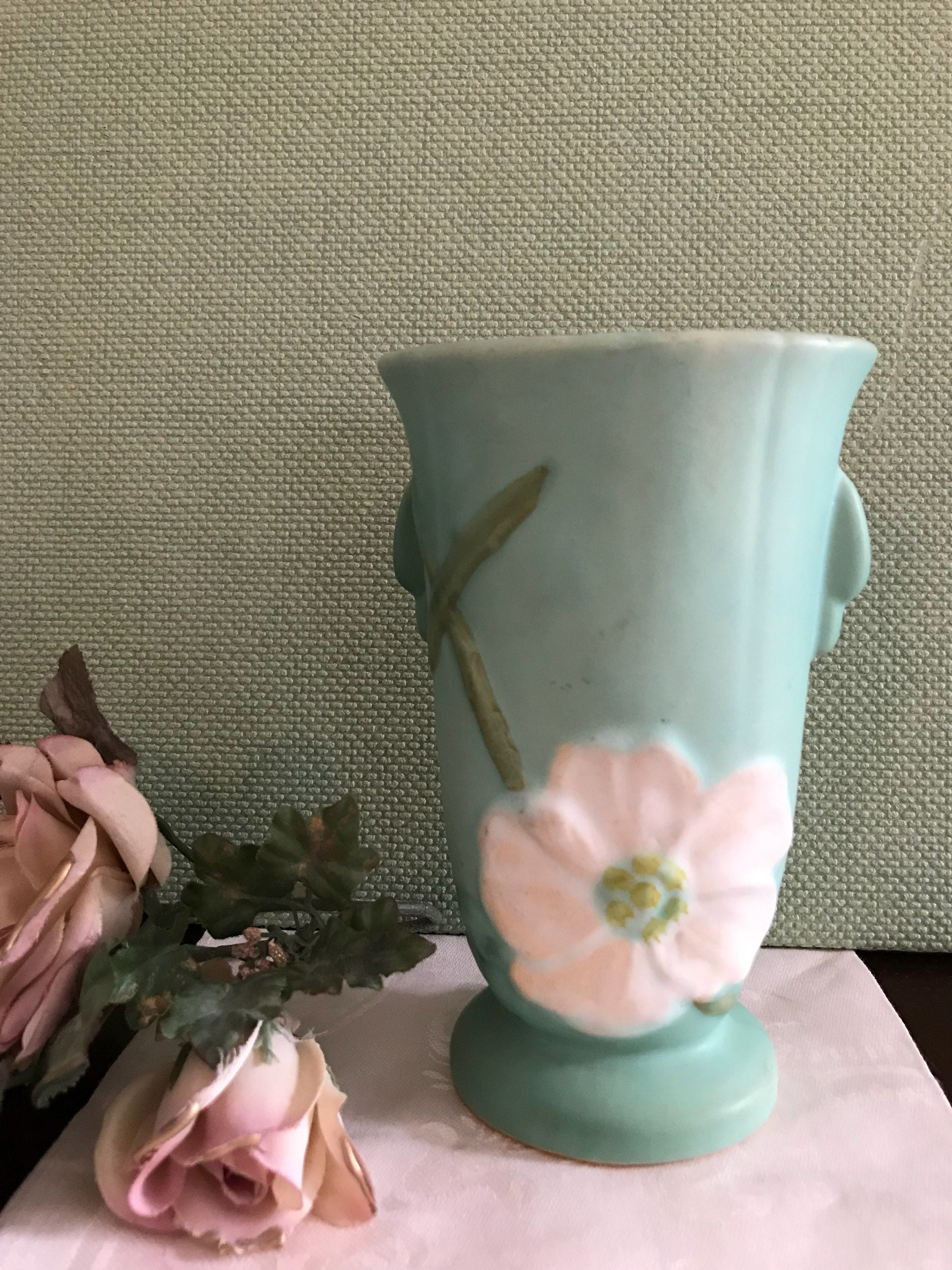 Vintage Weller Pottery Vase, wild rose ceramic vase, mint green Ceramic