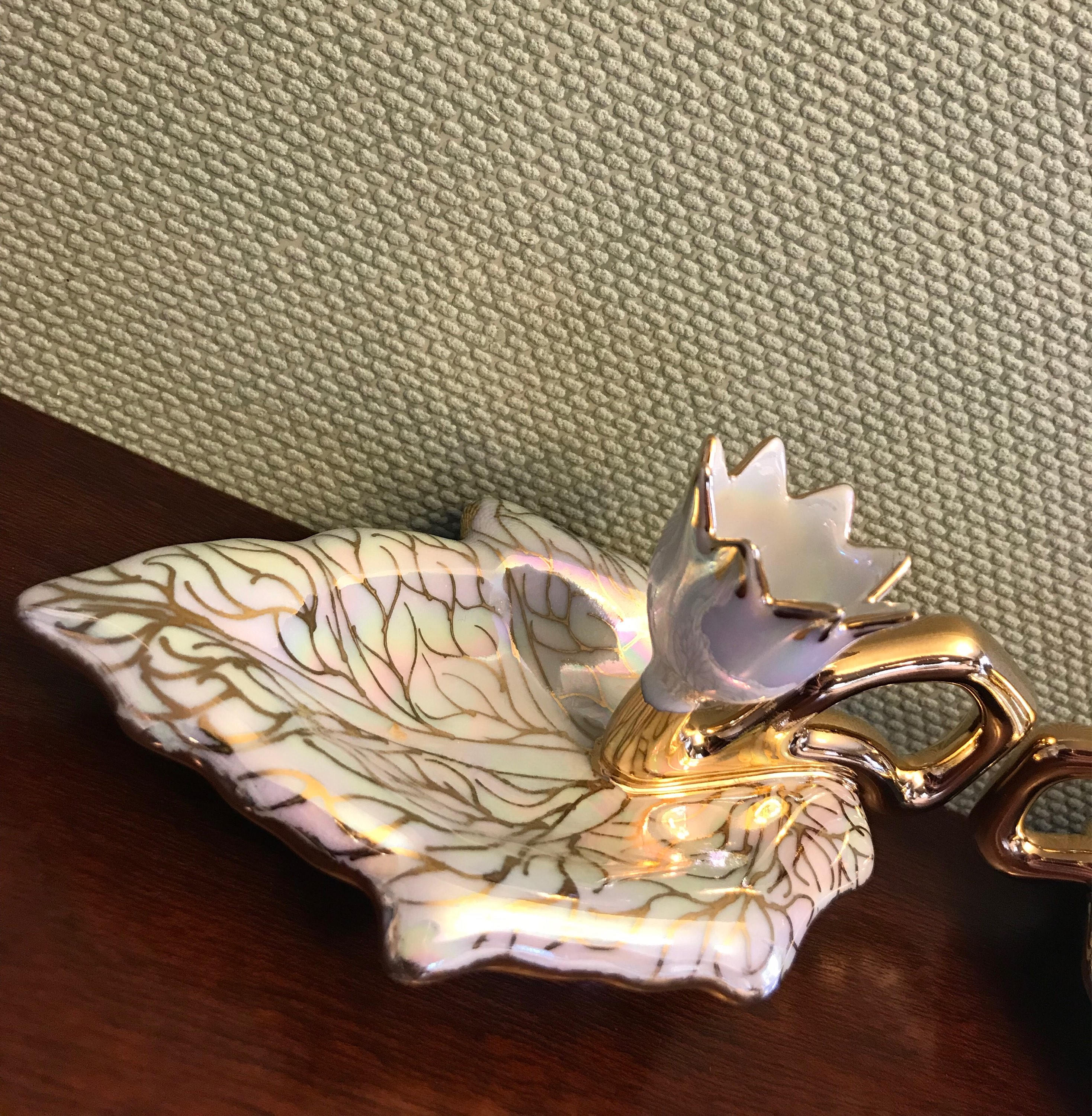 Vintage Handpainted Candlestick Holders, Porcelain iridescent Lotus