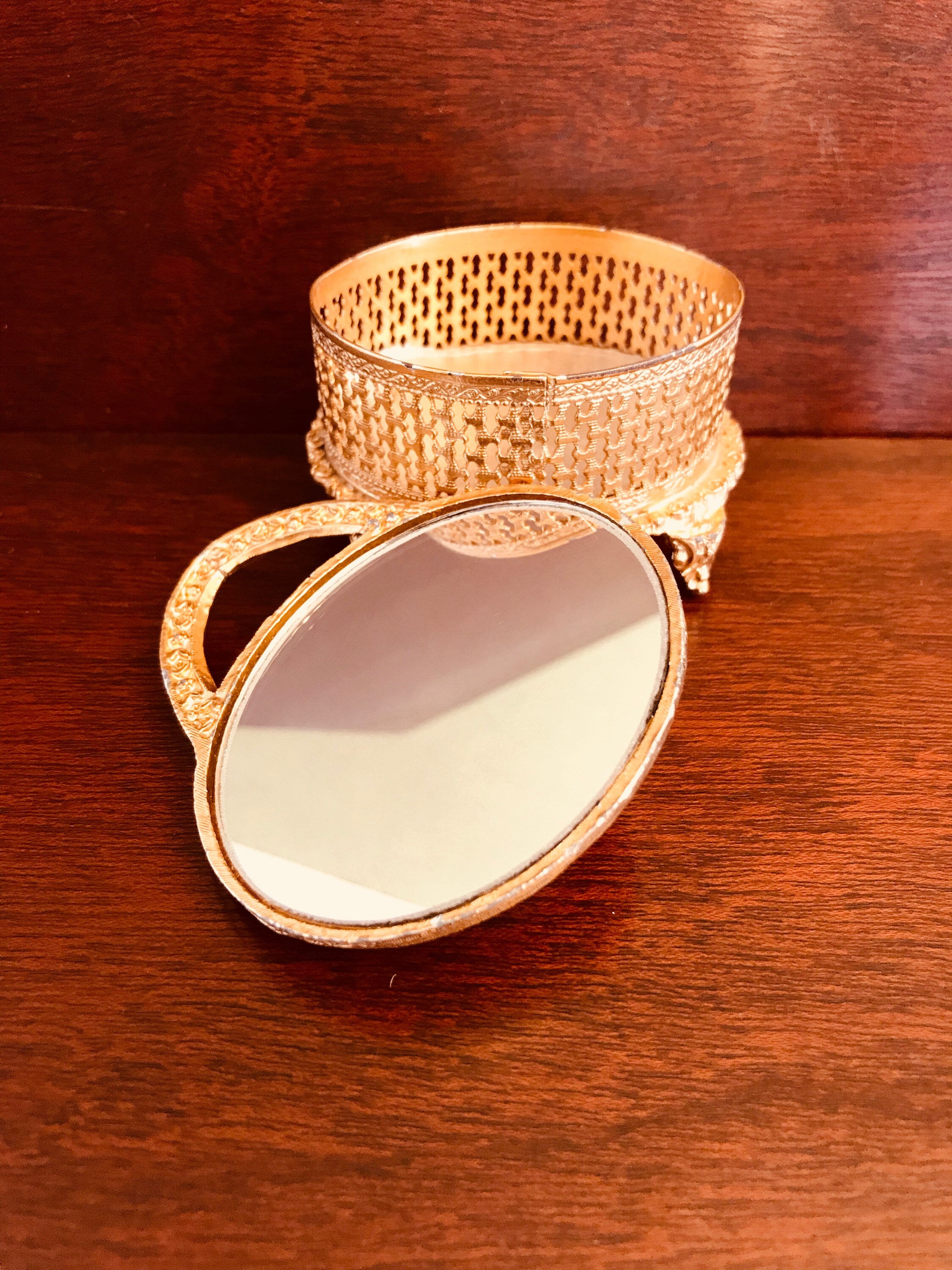 Florenza Gold Trinket box, Floral Purse shaped Mirror Lid, Gold Ring