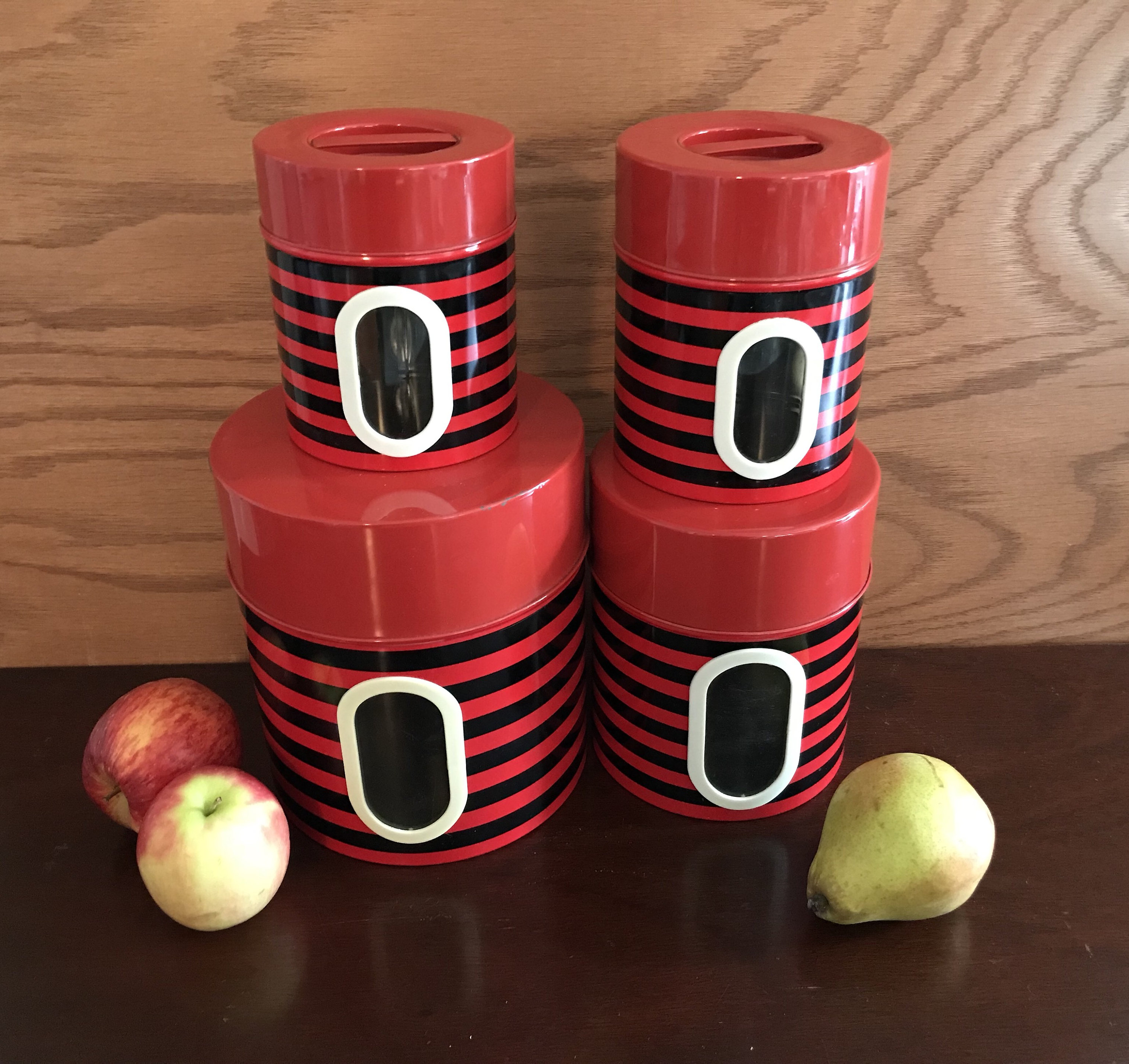 Vintage Red Black Stripe Canister set, Nesting Tin canisters, Kitschy Kitchen Storage, Camp