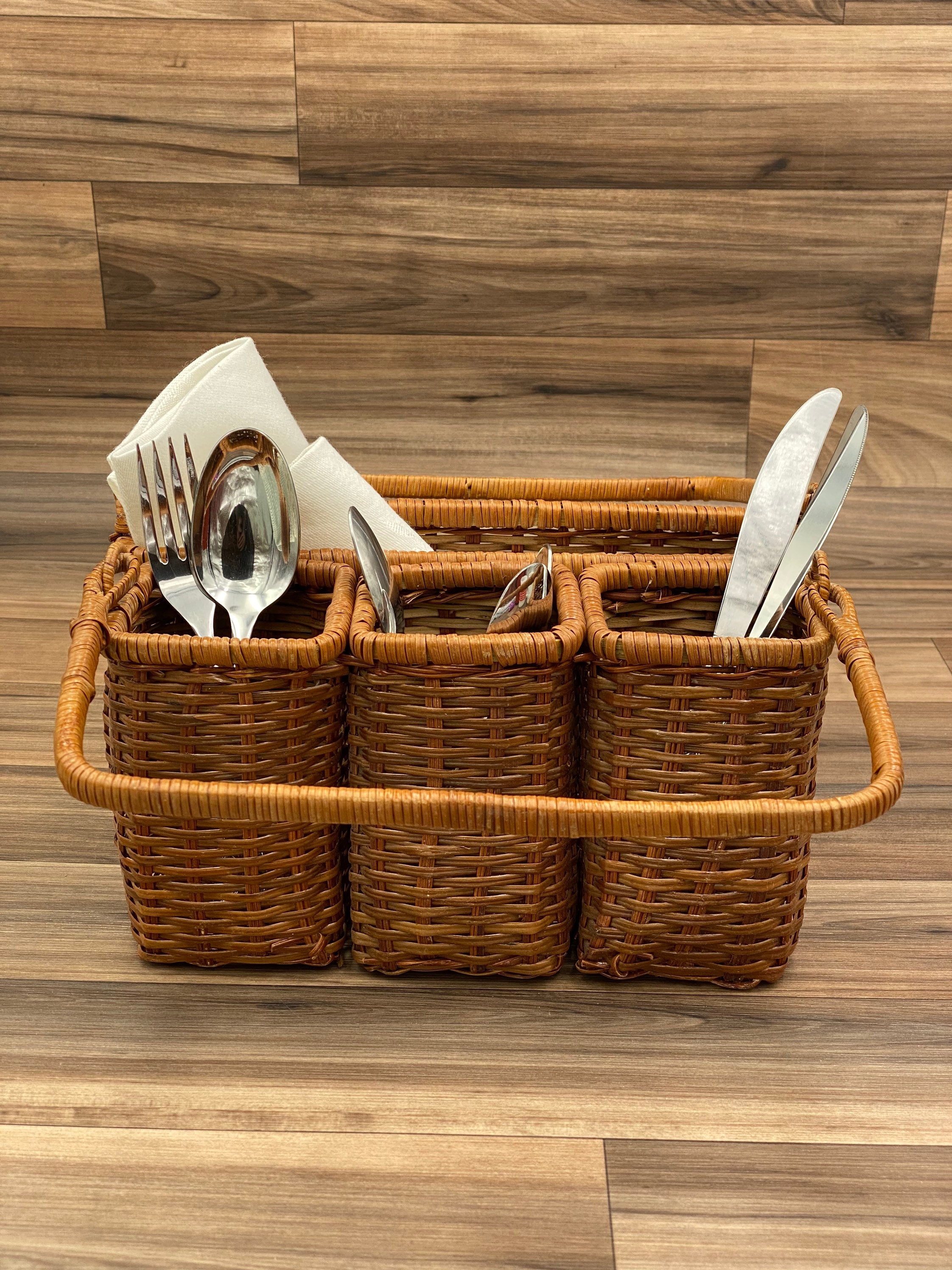 Vintage Flatware caddy, silverware holder, Basket carrying bin, Utensil