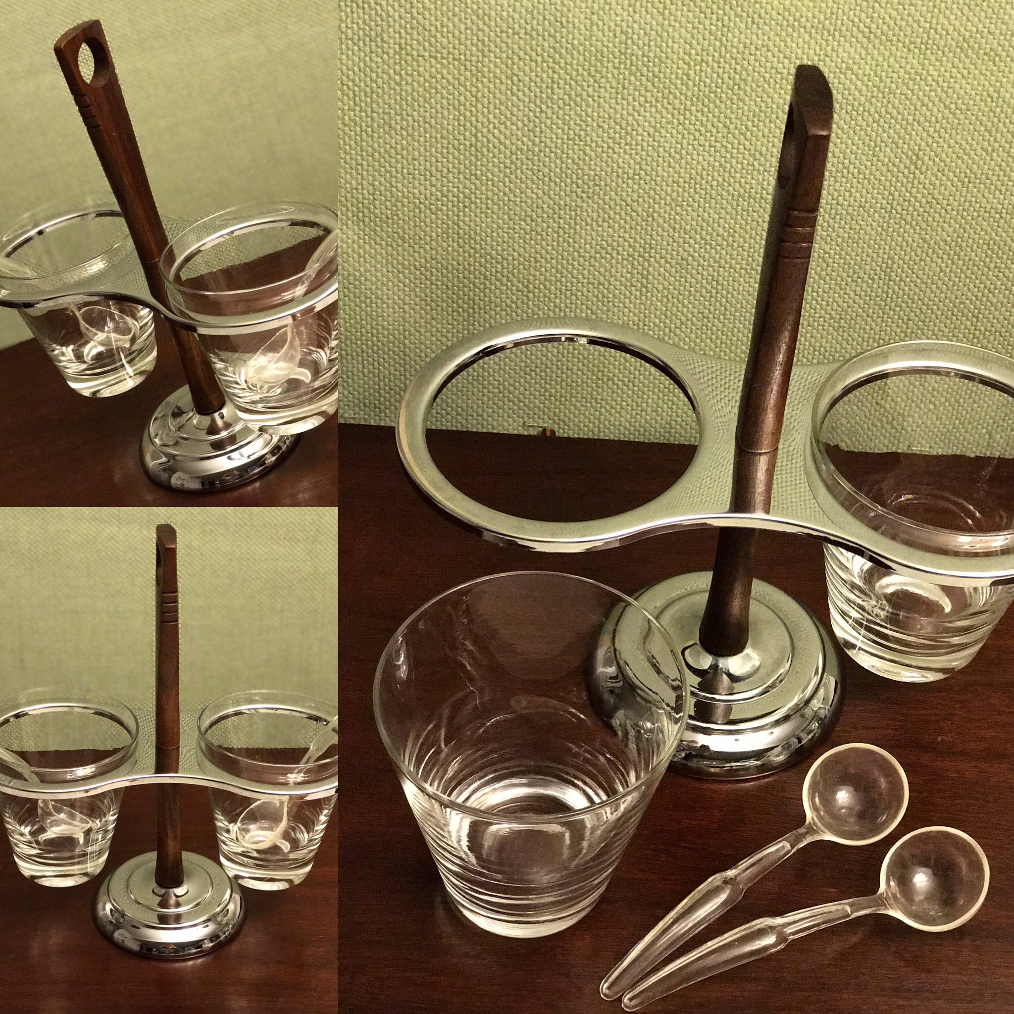 Condiment Set Danish Modern, Lazy Susan Condiment set, Wood Chrome