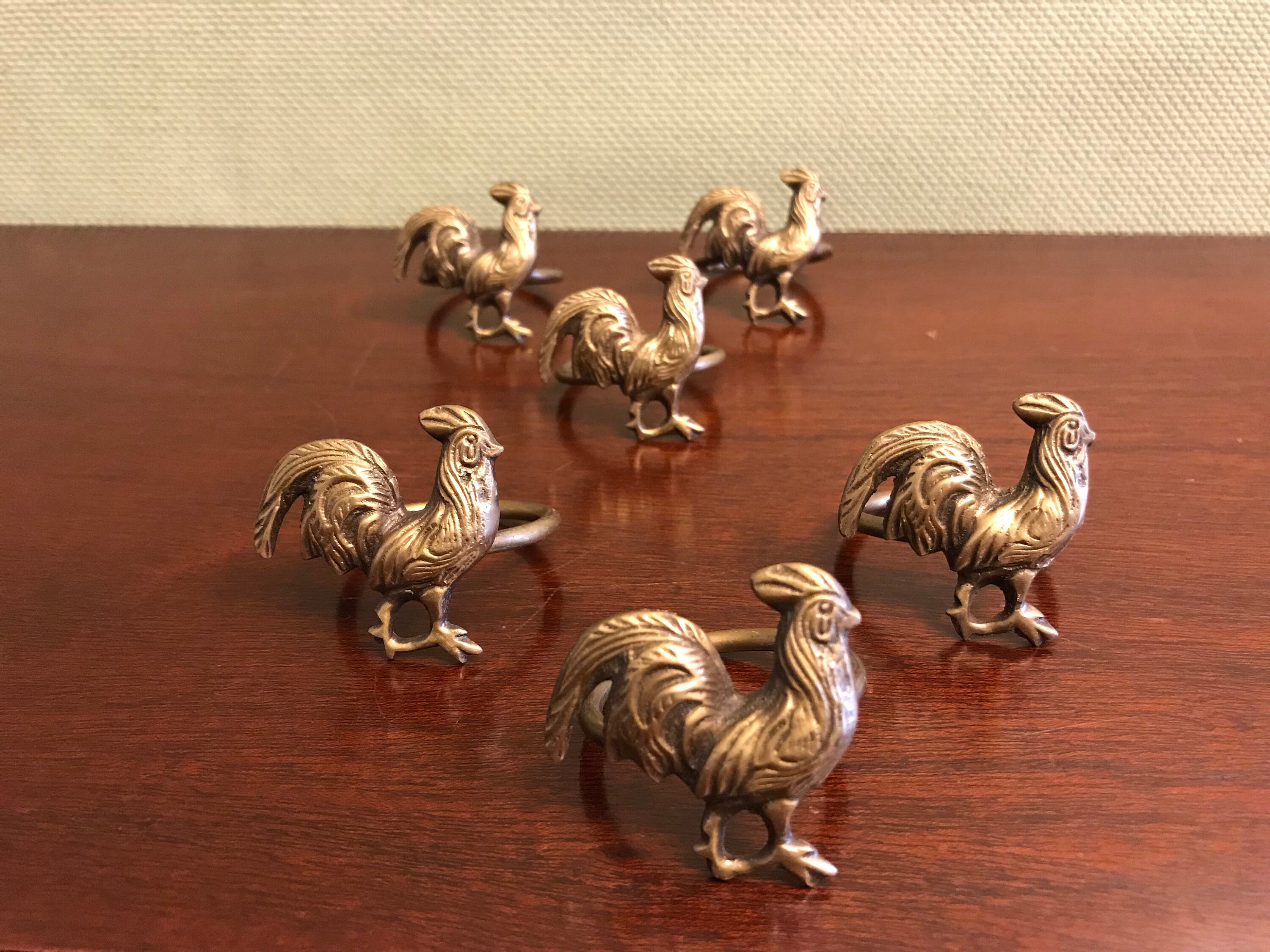Vintage Brass Rooster Napkin Rings, Farmhouse chicken Napkin holders, 6
