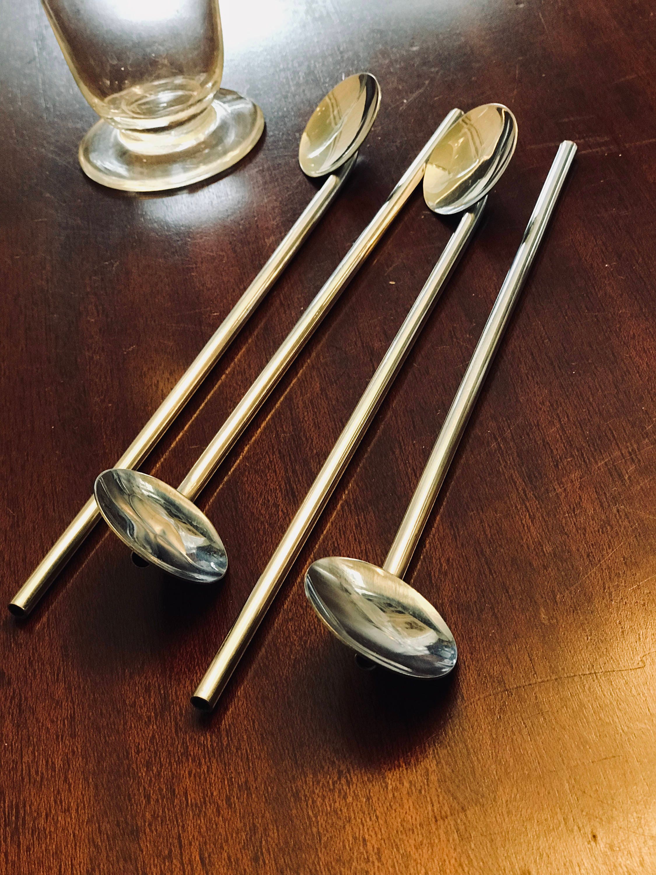 Vintage Drink Stir Stick Straws, Metal Swizzle Sticks, Chrome stir