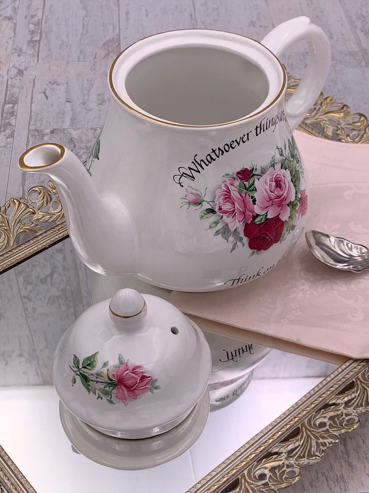 Vintage Rose Teapot, China teapot with Scripture, Pink Rose teapot, Tea party, Shabby Chic, gift