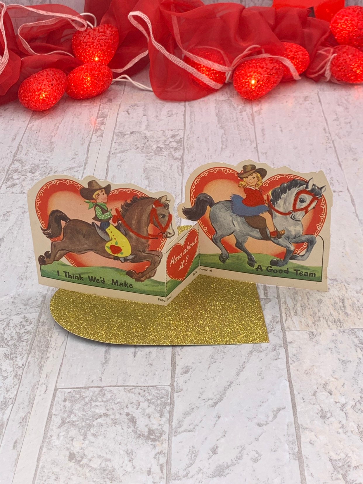 Vintage Flocked Valentines Day cards, folding Cowboy Horse themed die ...