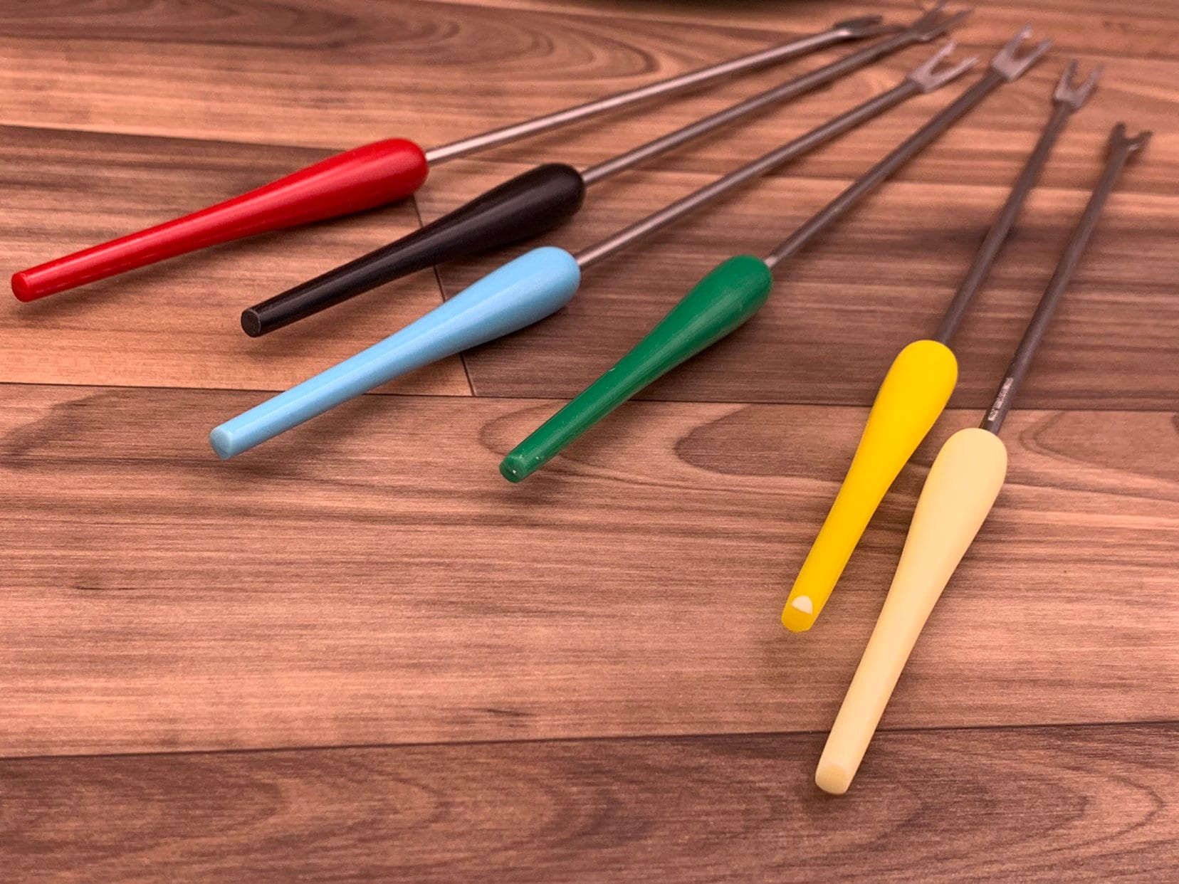 Vintage Fondue Forks, Retro Colored Plastic handles stainless steel