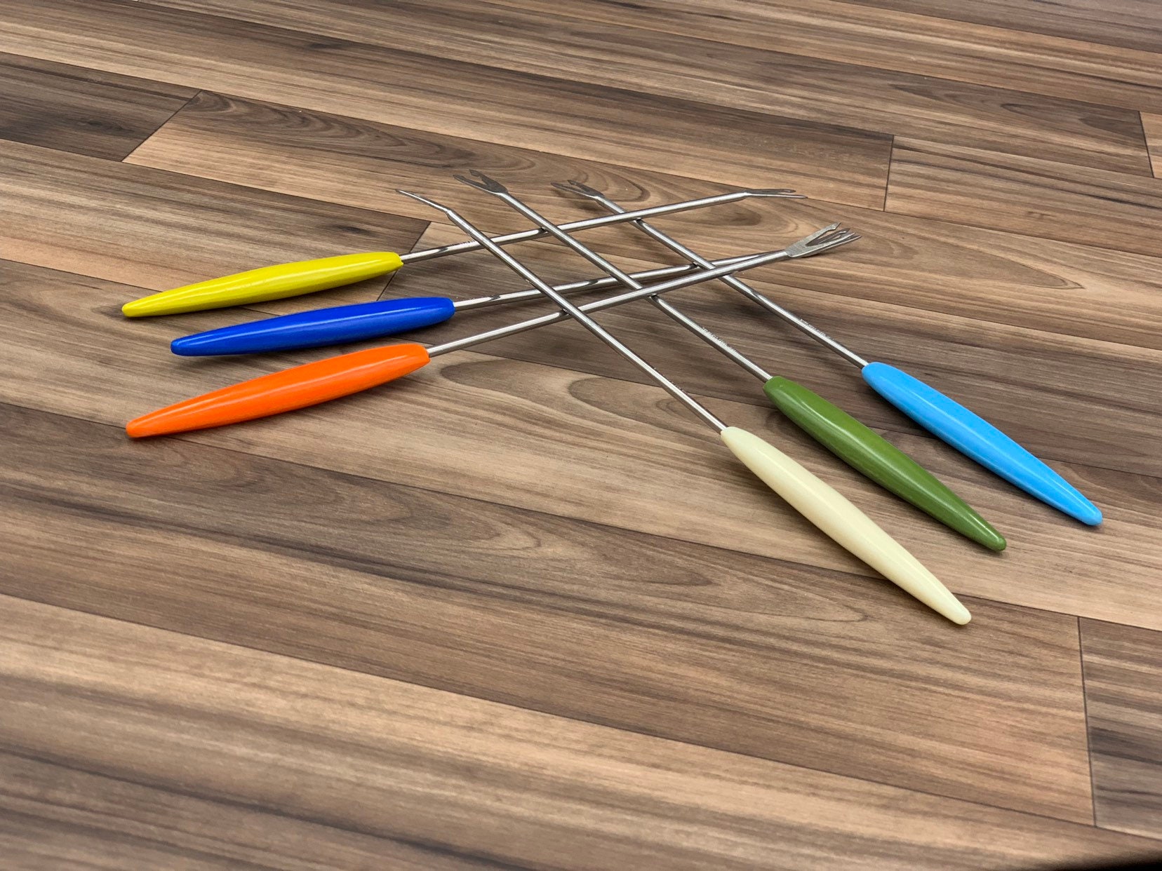 Vintage Fondue Forks, Retro Colored Plastic handles stainless steel
