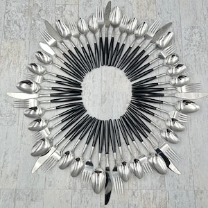 RARE Vintage Flatware set, forged stainless with Black handle, service for 8, Vintage Silverware set, MOD Danish Modern