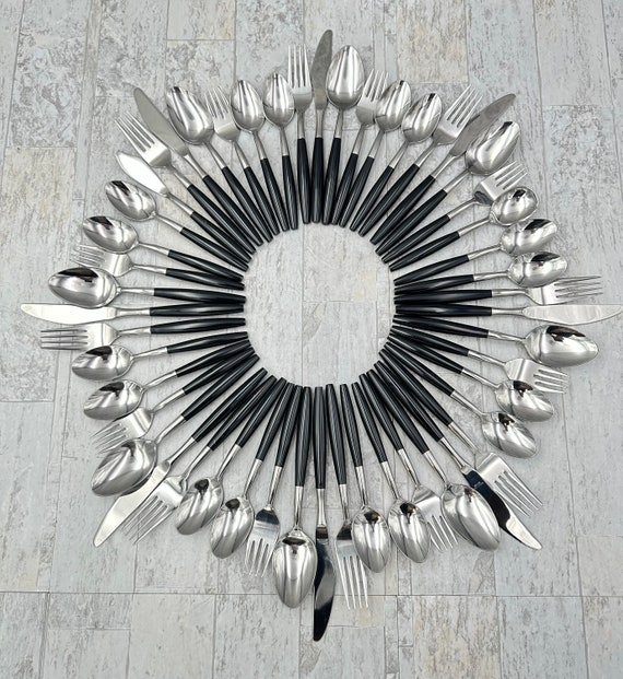 RARE Vintage Flatware set, forged stainless with Black handle, service for 8, Vintage Silverware set, MOD Danish Modern