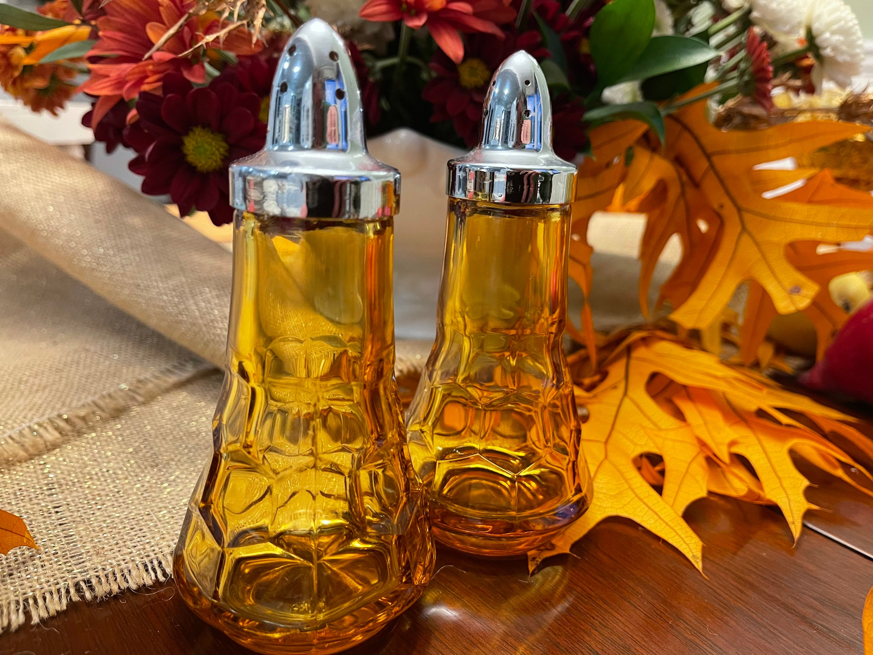 Vintage Amber glass salt and pepper set, Viking pattern