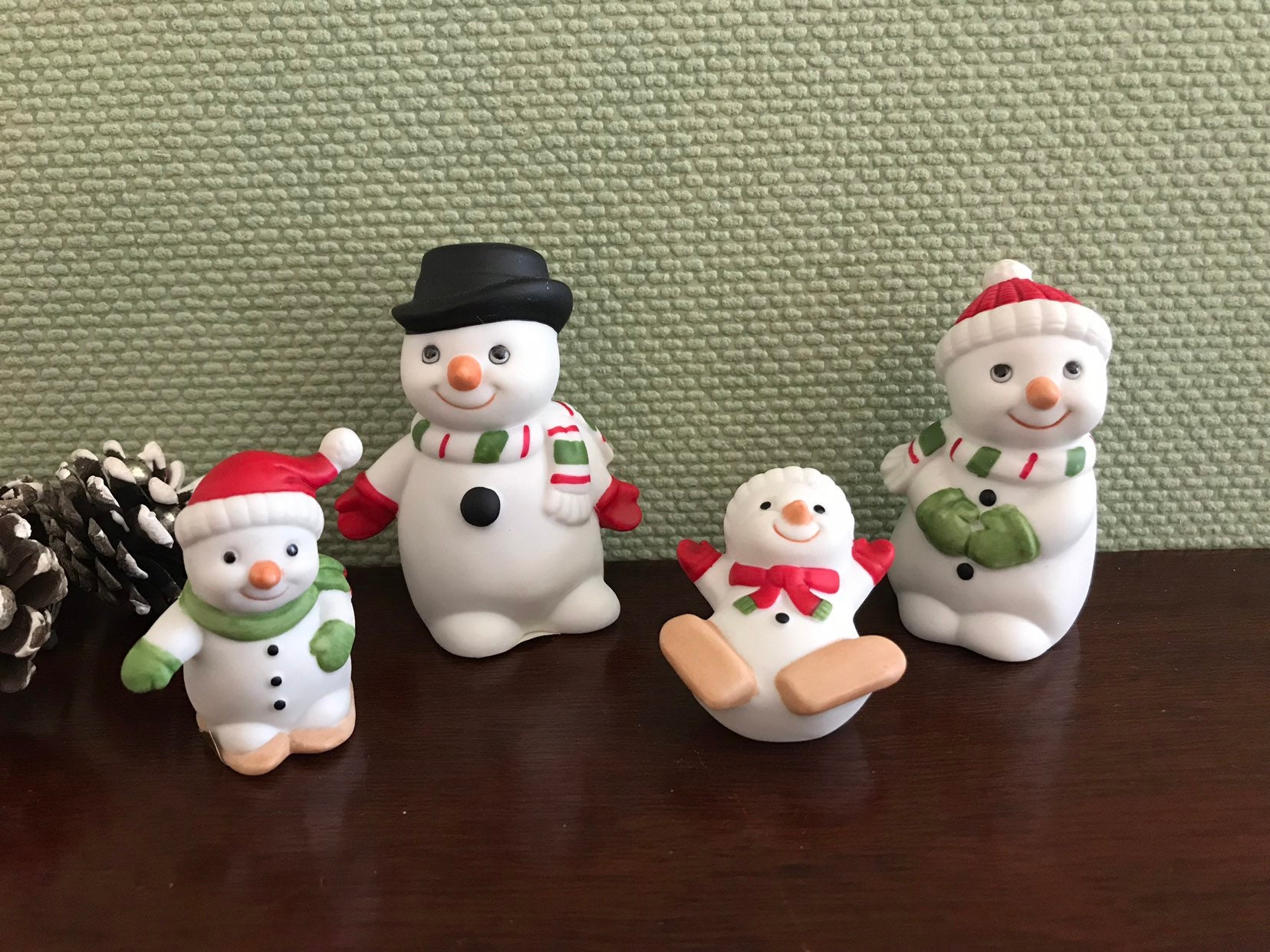 Snowman Family Figurines by Homco, Family of 4 Snowmen, Ceramic Snow