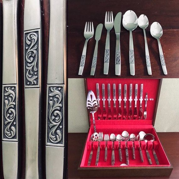 Vintage flatware set, Salem Elegance Stainless Silverware in chest, Service for 8, serving set