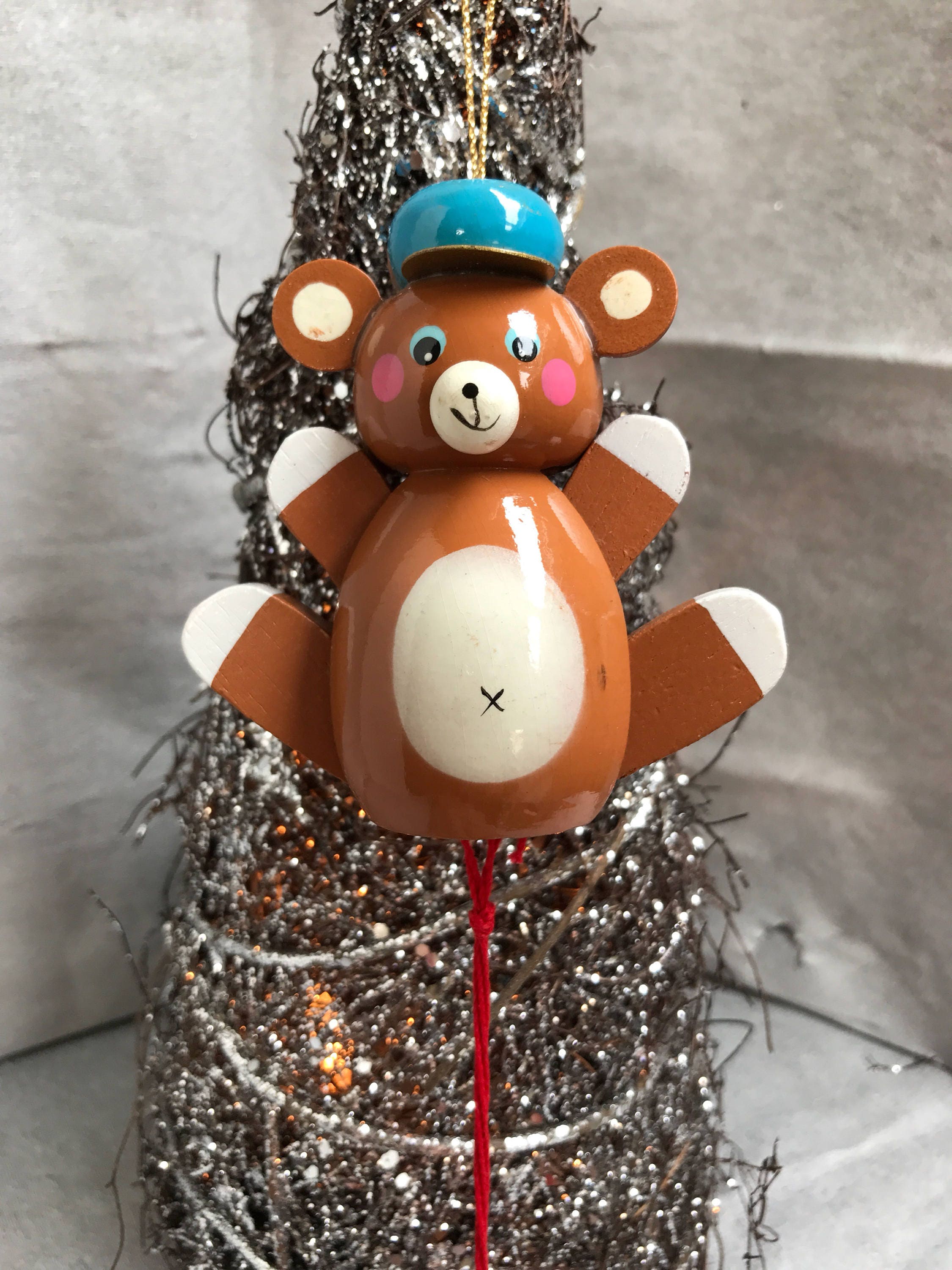 Vintage Teddy Bear Christmas Ornaments, Dancing Teddy Bear pull toy