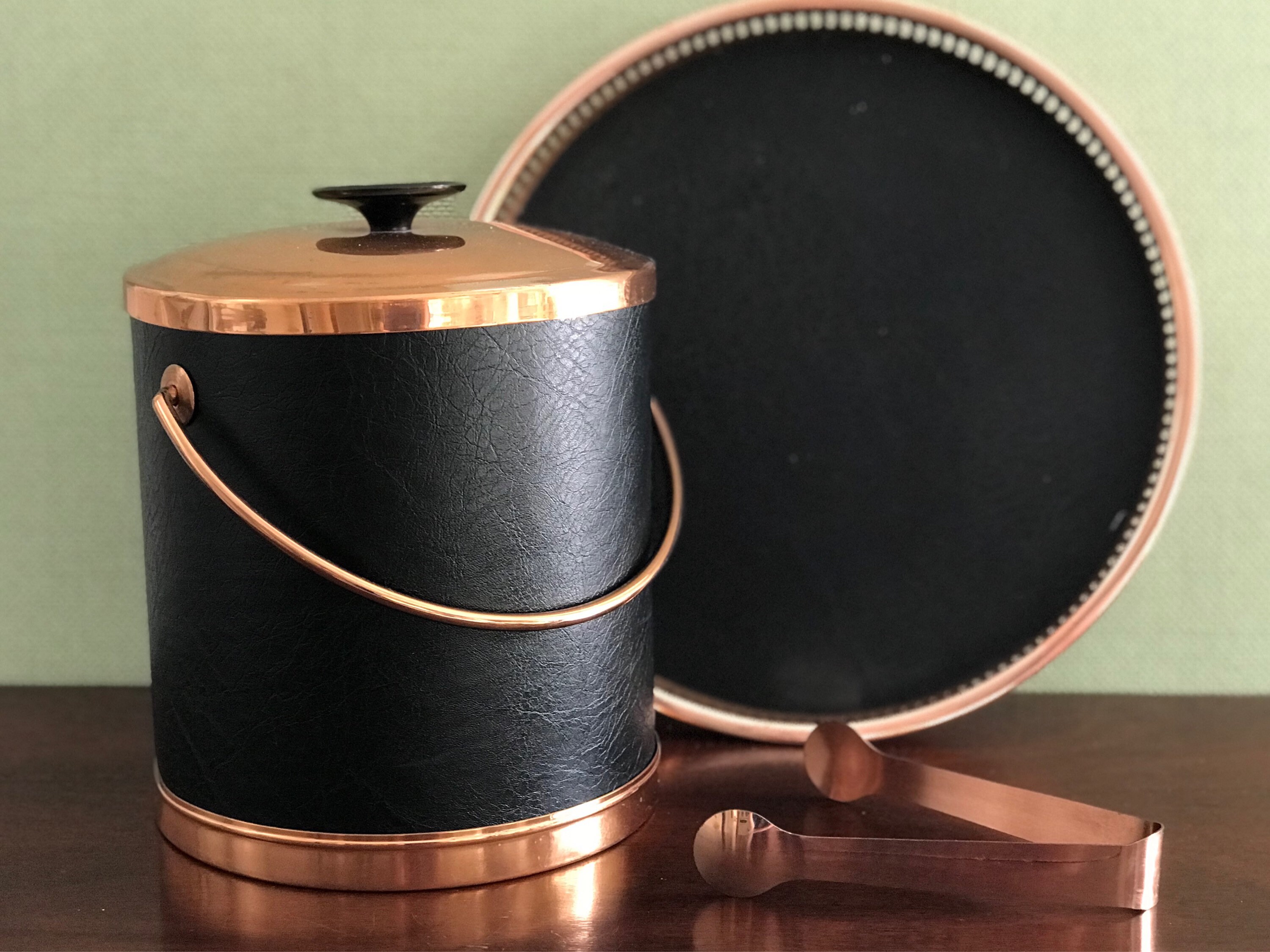 MCM Ice Bucket Black Leatherette Copper Ice Bucket Set Copper tray Mid