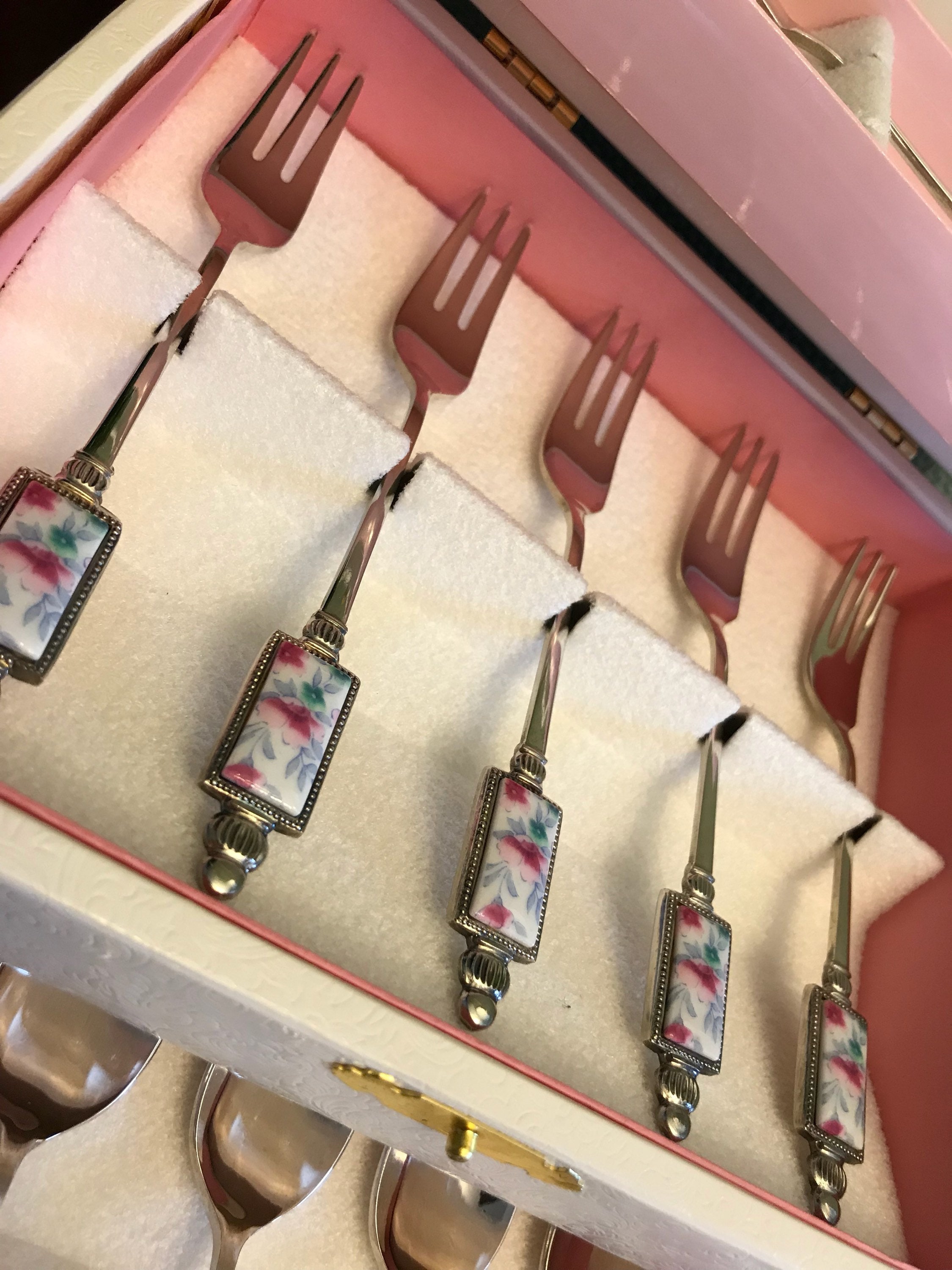 Vintage Floral Tea Party silverware set, Porcelain silverplate dessert