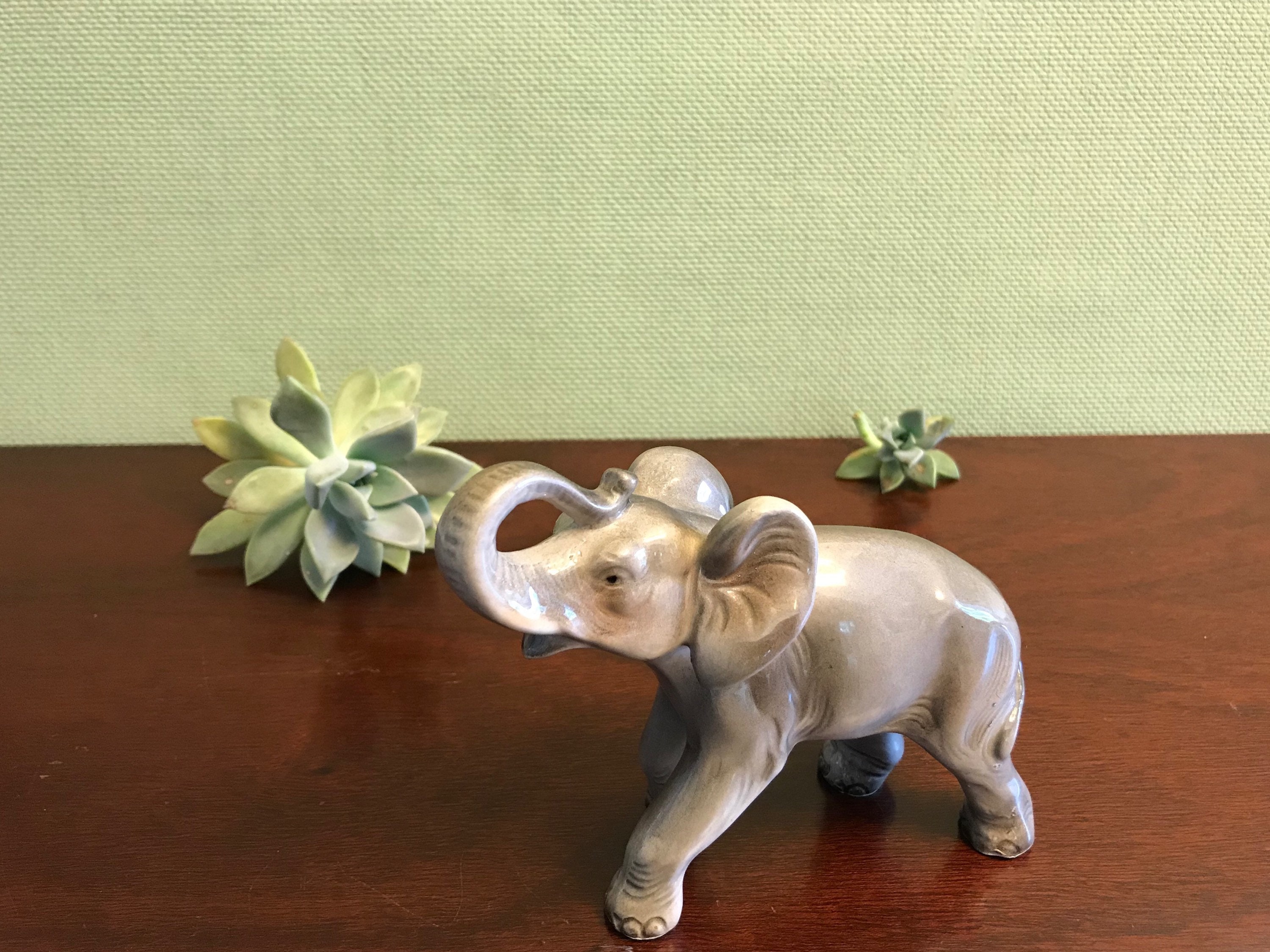 Vintage Elephant Figurine, Gray Porcelain elephant, elephant with Trunk