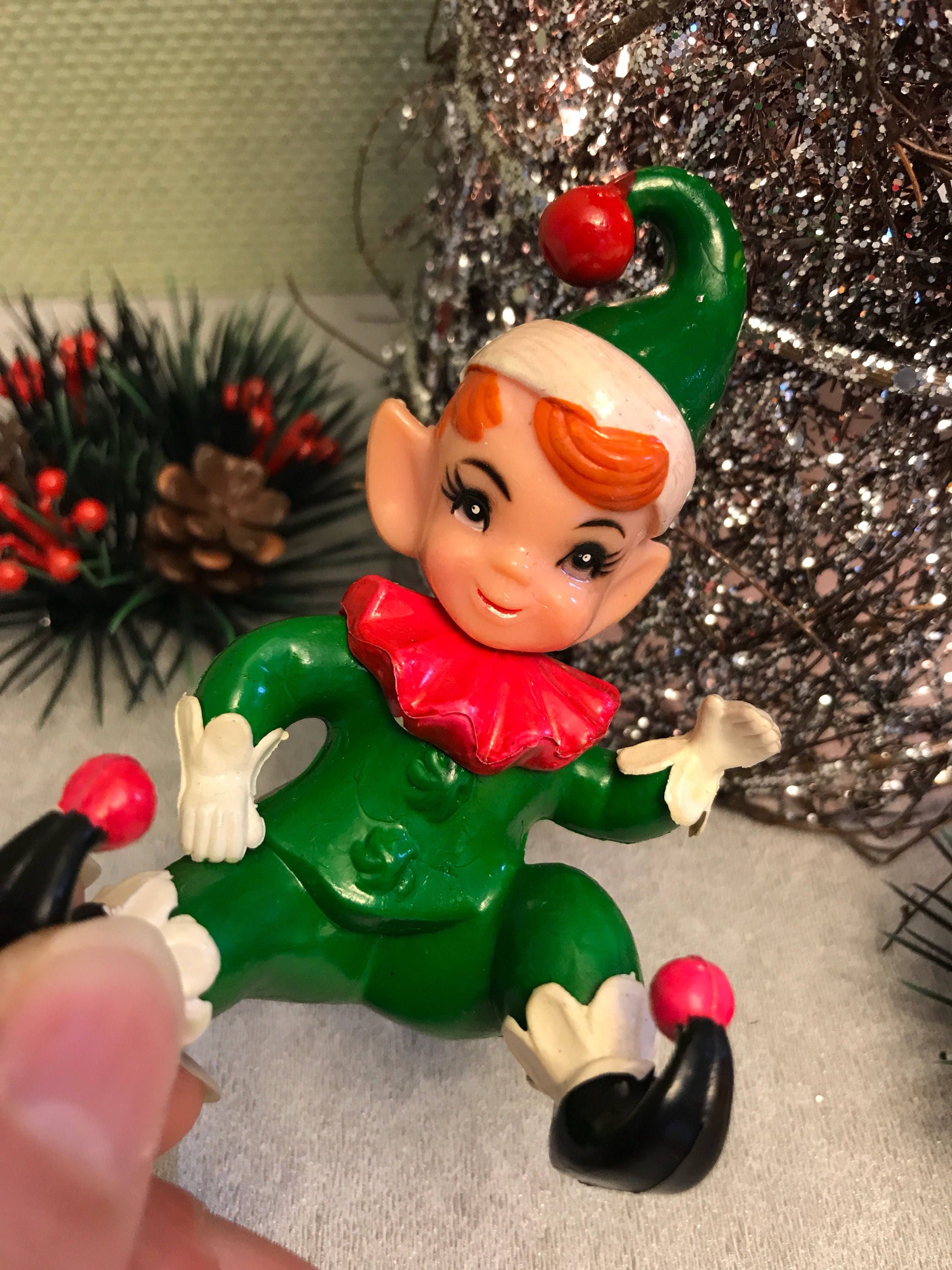 Vintage Pixie Elf, Green Rubber Christmas Elf, Pixie Elf, 1950s Shelf