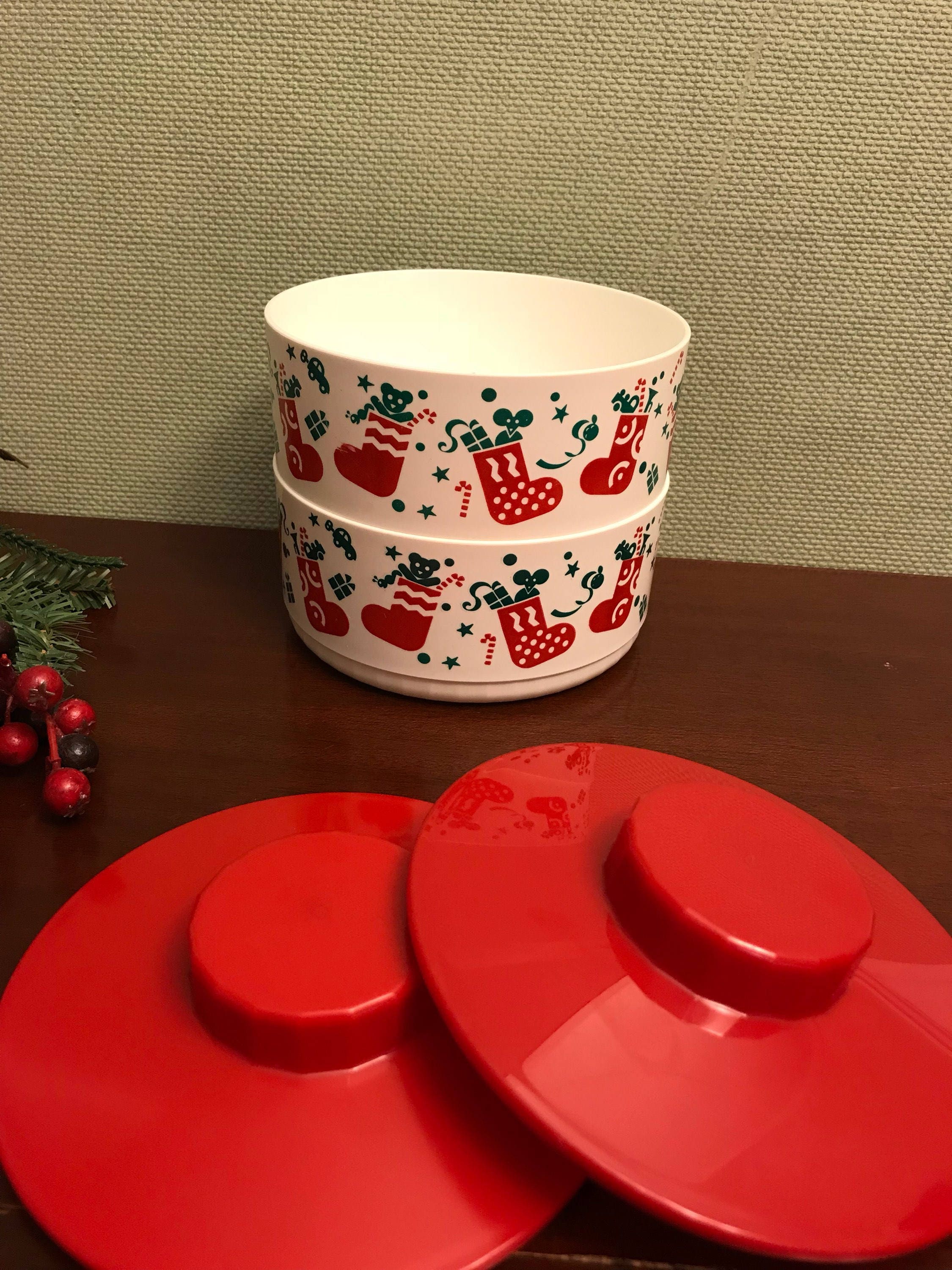 Vintage Tupperware Christmas Canisters, 3 Stacking Cookie containers