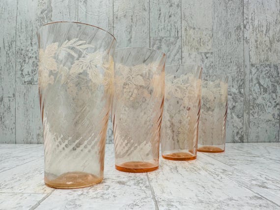 Vintage Glasses, Pink depression glass frosted Grape pattern