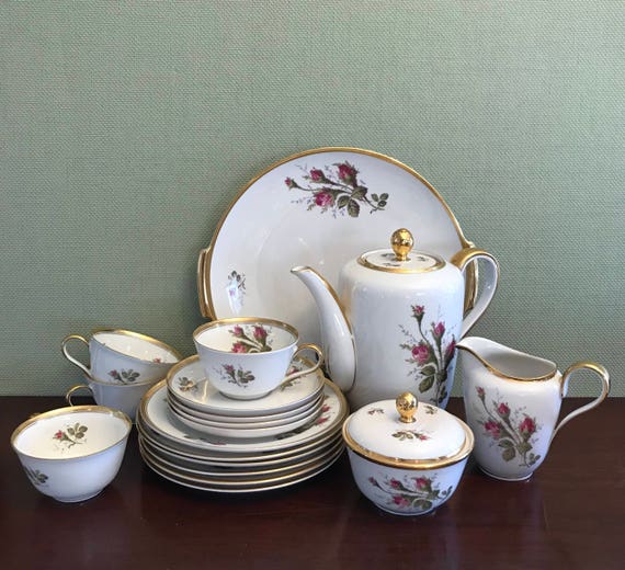Rosenthal Coffee Service Tea Set, Gold Gilt Moss Rose Pattern, 1940s Luxury China, Helena line, complete set, Garden Tea Party, wedding gift