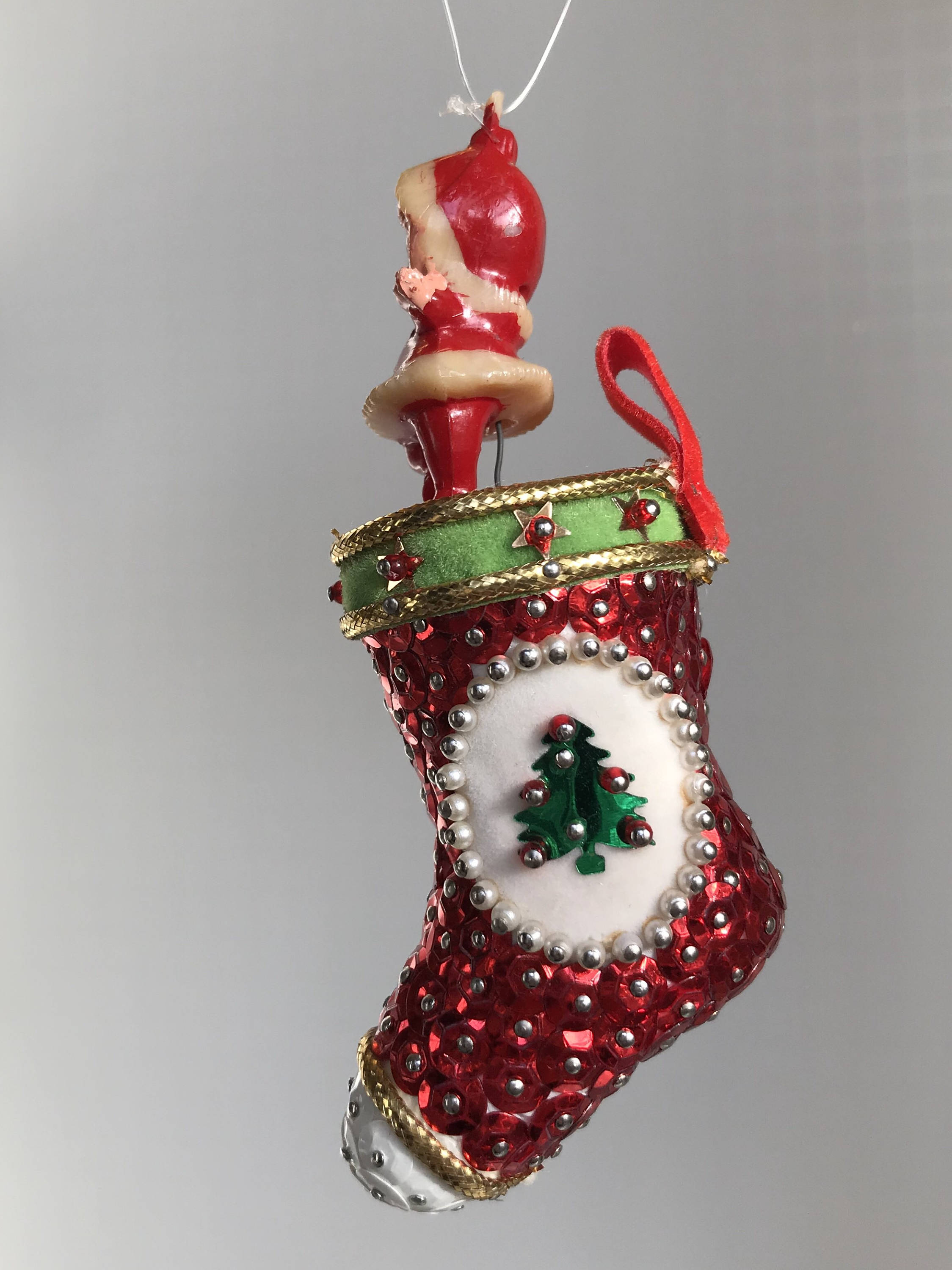 Vintage Beaded Sequined Christmas stocking Ornament set, Pixie Elf