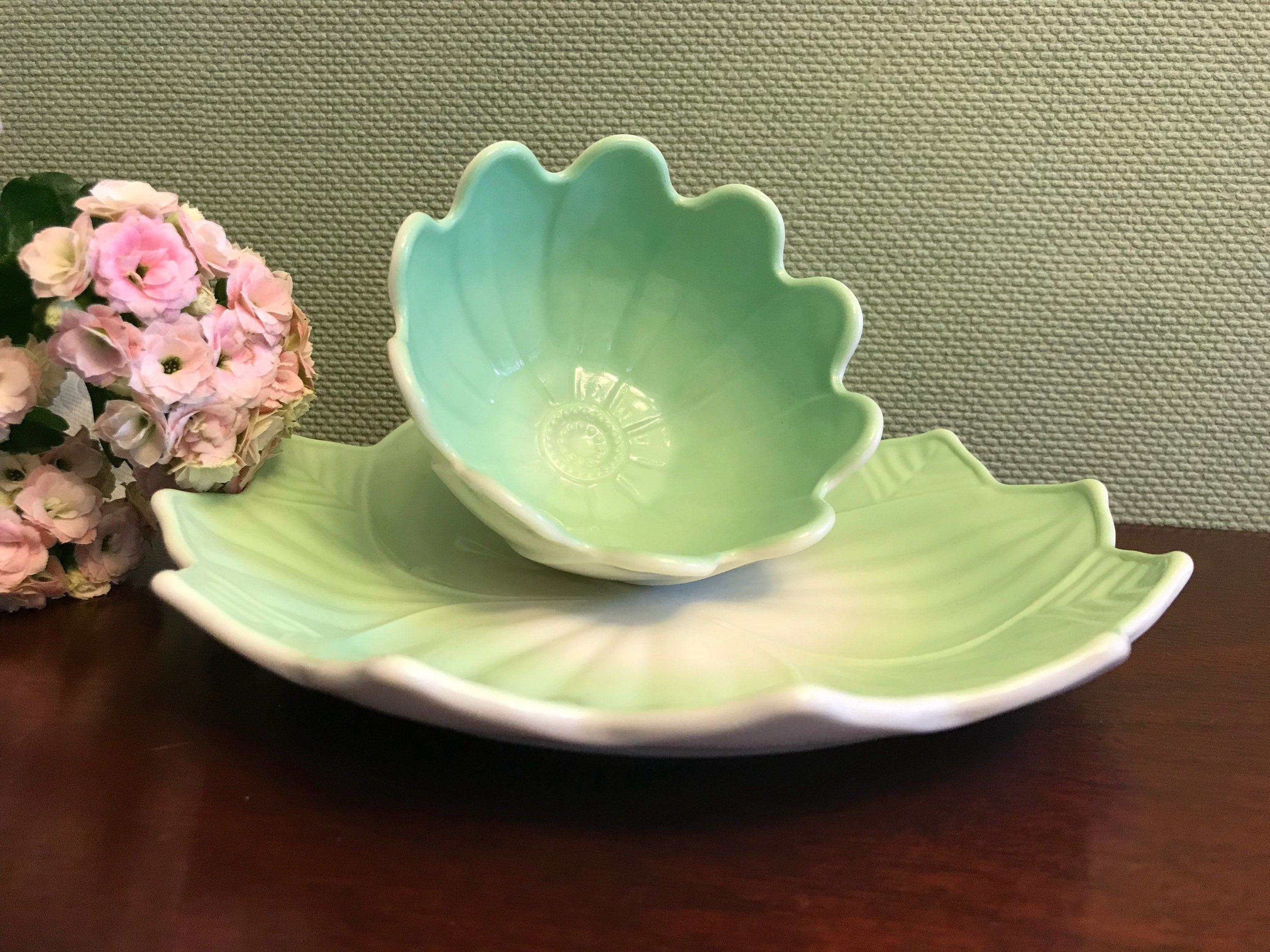 Vintage Lotus Plate and bowl set, Pastel Anchor Hocking dishes, Milk