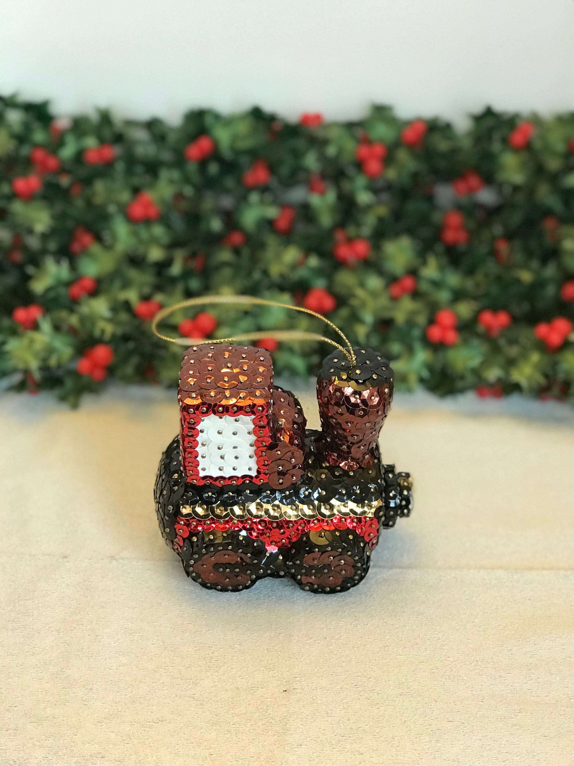 Vintage Train Ornament, sequined train, collectible Train Bauble
