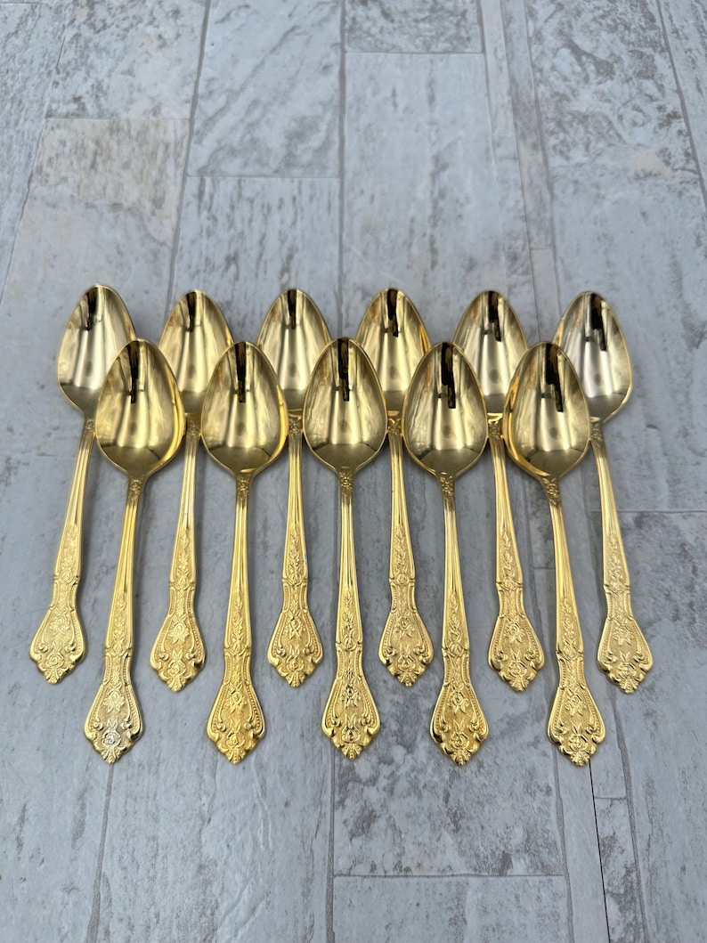 Vintage Gold Plated Flatware Set Floral Stainless Service For 10 Etsy