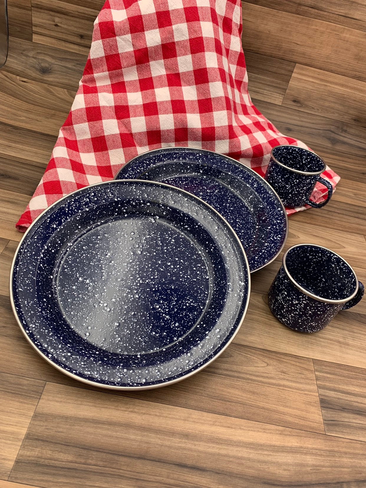 Vintage Graniteware Plates and Cups Enamel ware Dish sets for 2, Rustic