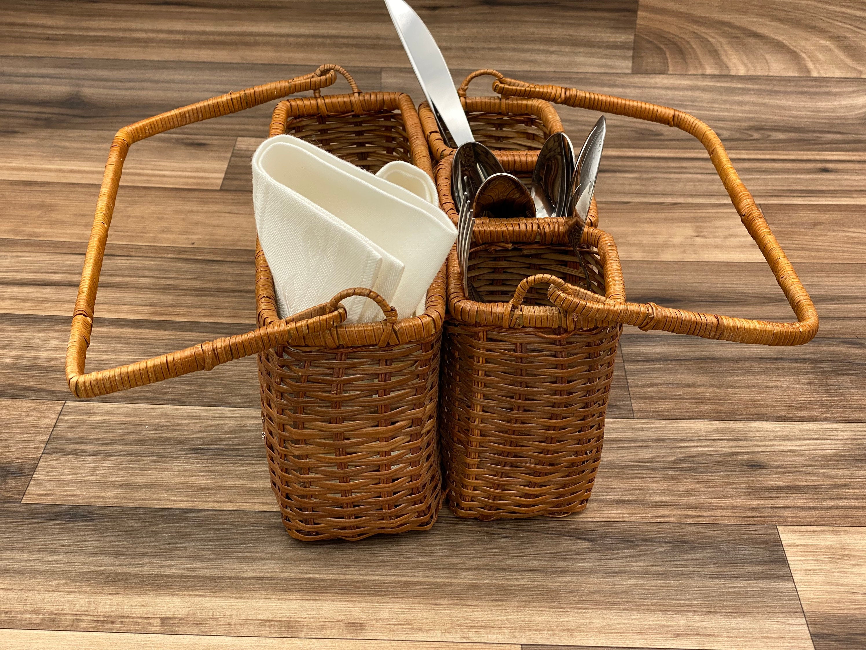 Vintage Flatware caddy, silverware holder, Basket carrying bin, Utensil
