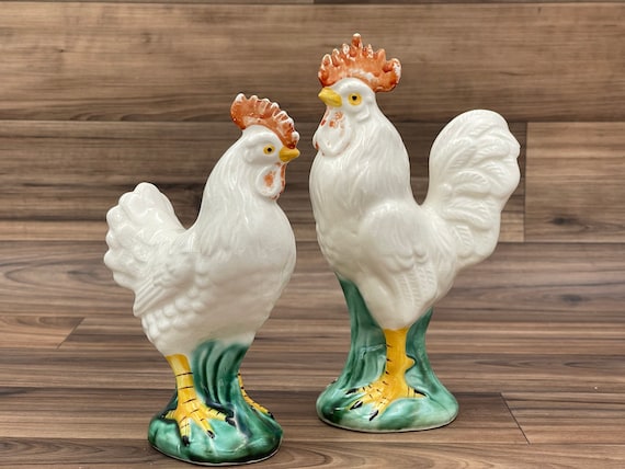 Vintage Lefton Rooster and Hen Chicken Figurines, Rustic Farmhouse Home Decor, Country Kitchen