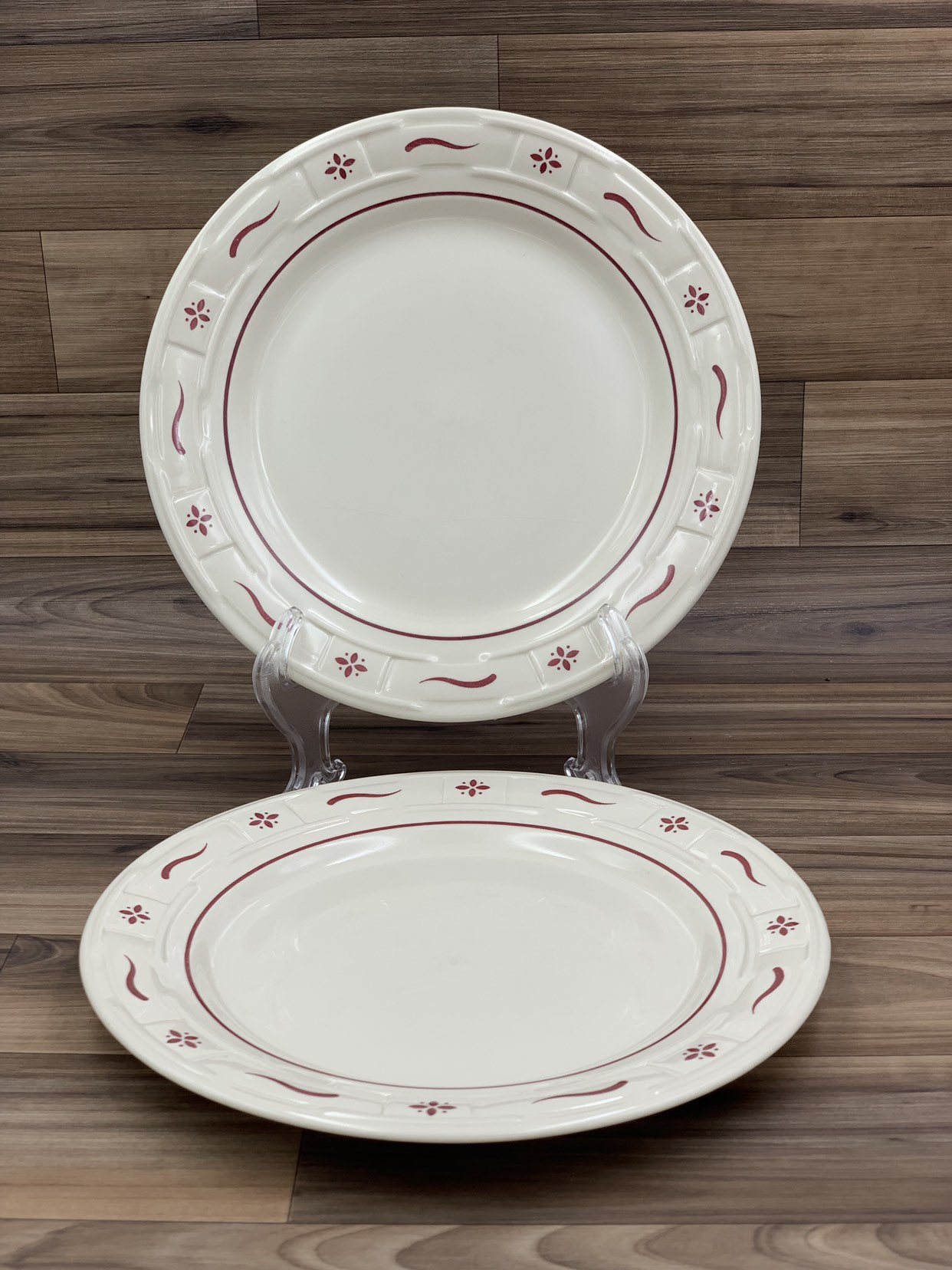 Vintage Longaberger Pottery Dinner Plates Woven traditions Red Set of 2