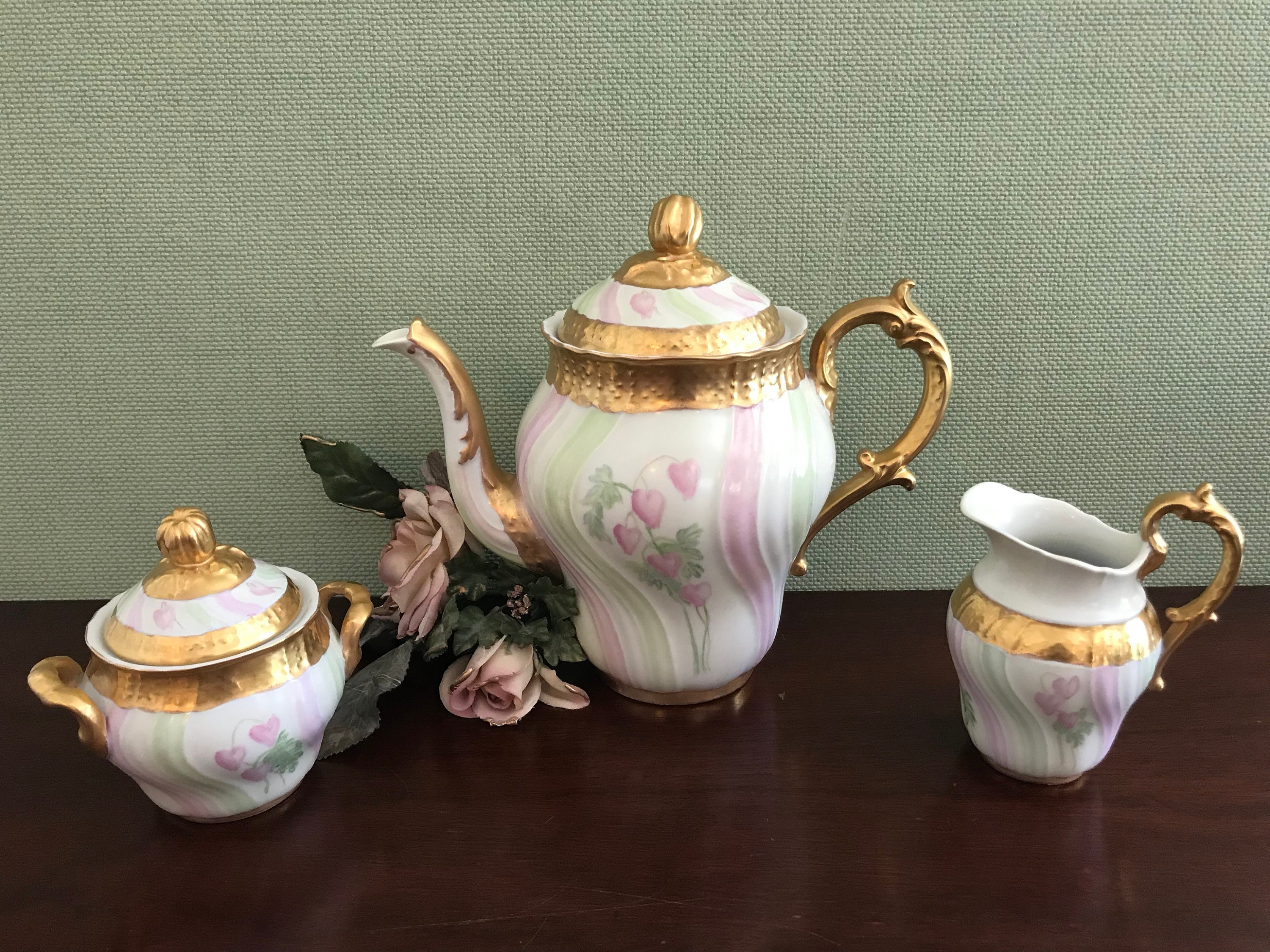 Vintage Hand painted Tea Set, Floral Teapot with matching cream and sugar