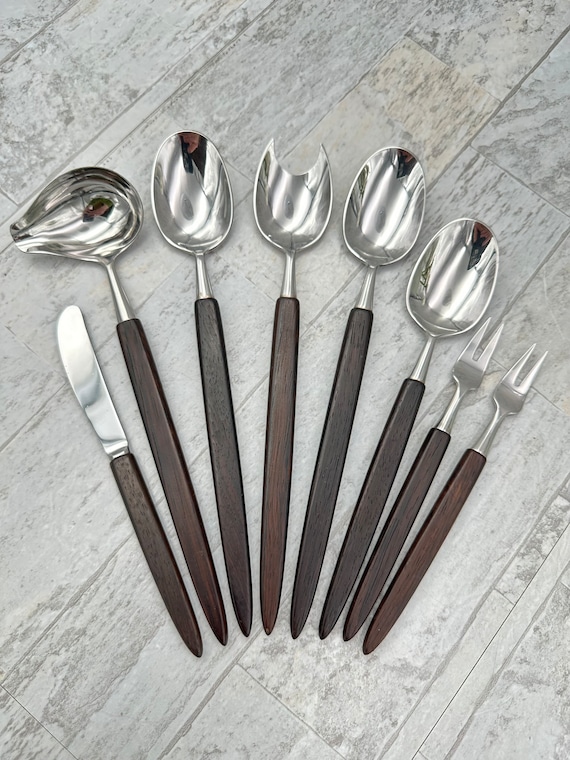 RARE Roy Blohm Designer Flatware set by Brodrene OYO Norway, service for 6, MCM Rosewood silverware 1960s Vintage