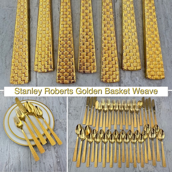 Vintage Gold Flatware set, Golden Basket Weave Silverware, Stanley Roberts, service for 7, gift