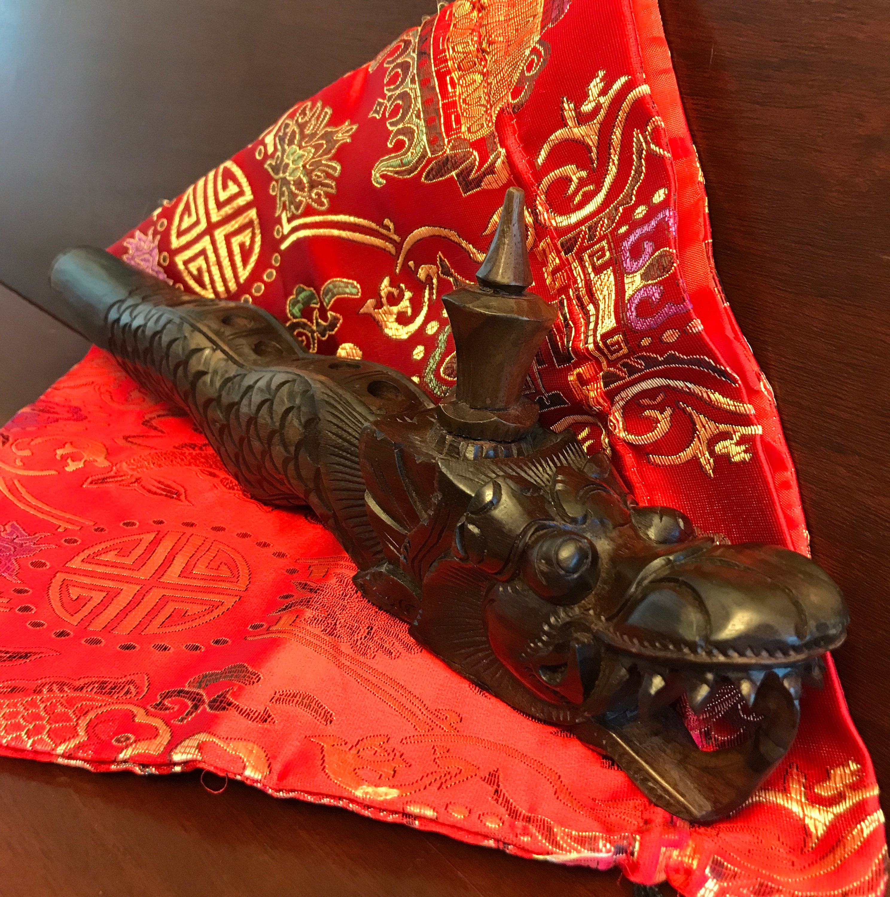 Vintage Carved Dragon Flute, handcarved wooden Flute, Asian Decorator