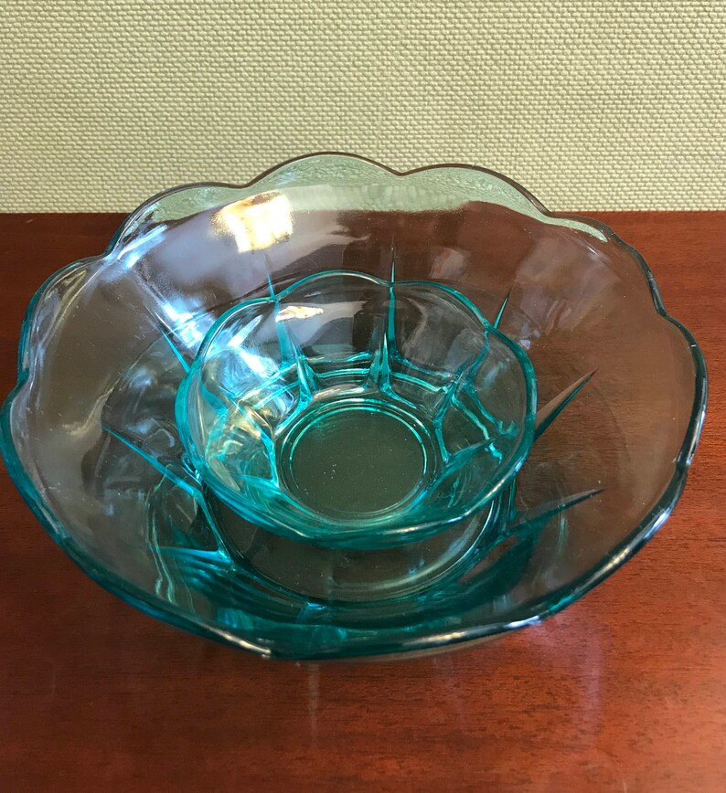 Anchor Hocking Swedish Modern serving bowl set party ware Collectible serving dishes gift for her turquoise Glass Vintage Chip Dip set