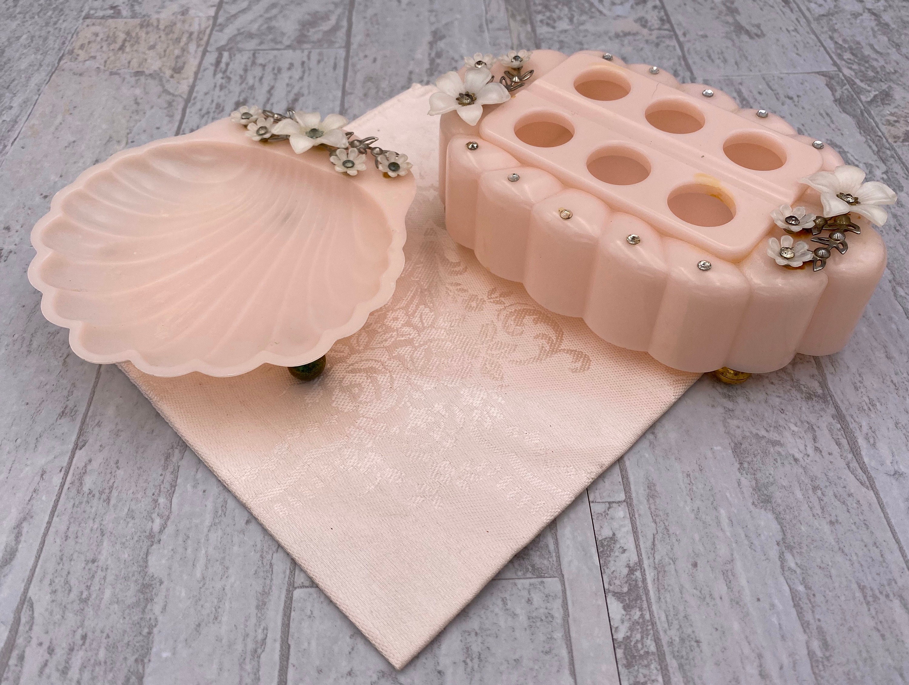 Vintage Bathroom Vanity Set Menda Hollywood Regency Bathroom Set Cosmetic Storage Soap Dish Jeweled Flowers Roses Mid Century