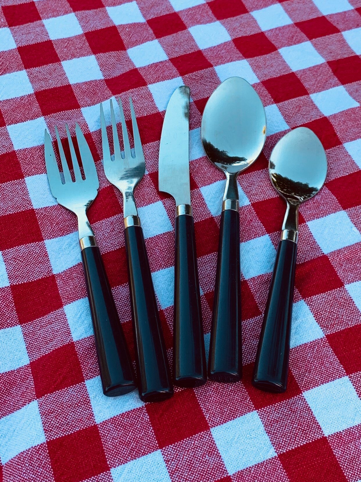 Vintage Flatware set Stainless Steel with Blue Plastic Handles Picnic